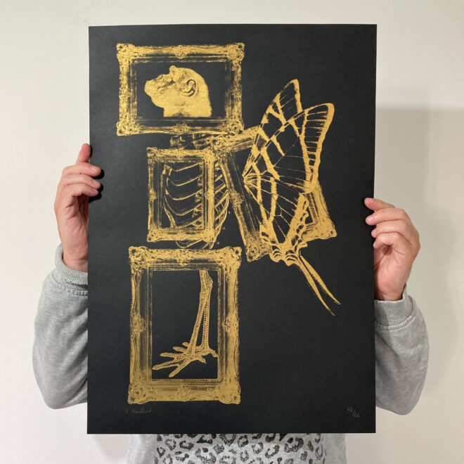 Screen Printed Monkey Poster - Fly My Pretties (Gold On Black)
