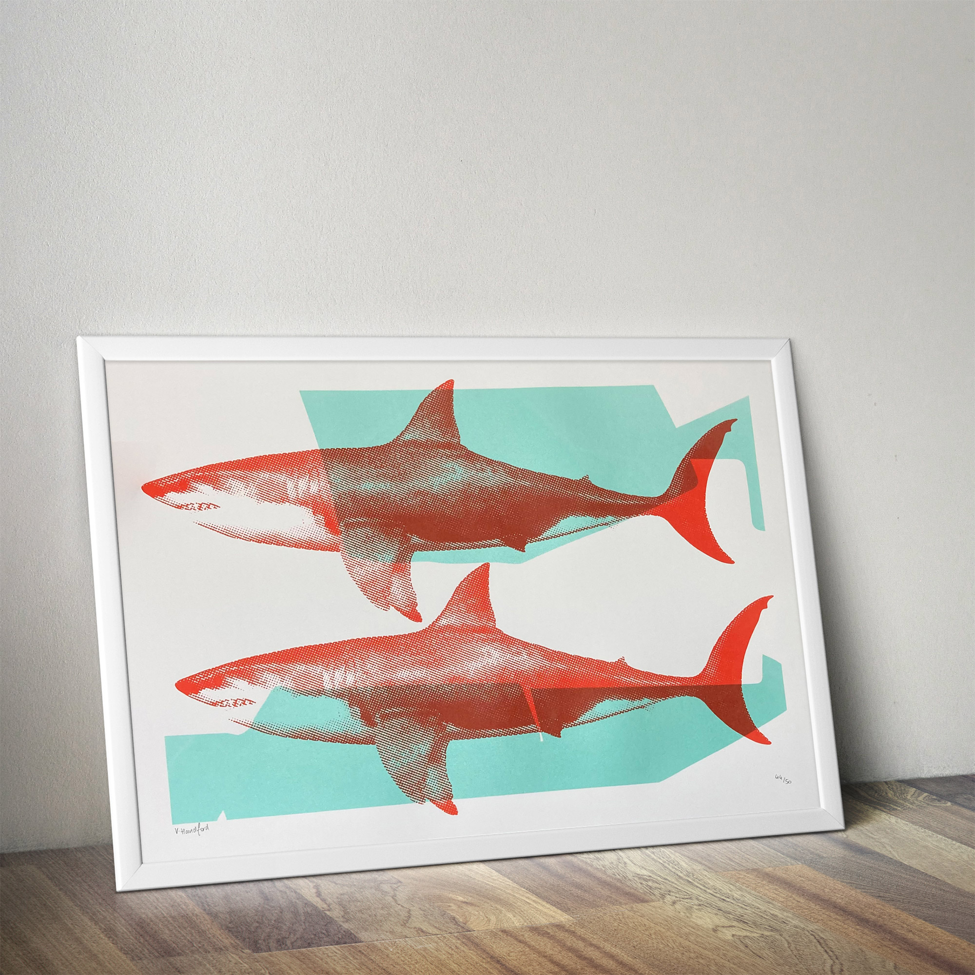 Screen Printed Shark Poster - Turquoise and Red - Mock Up In Frame
