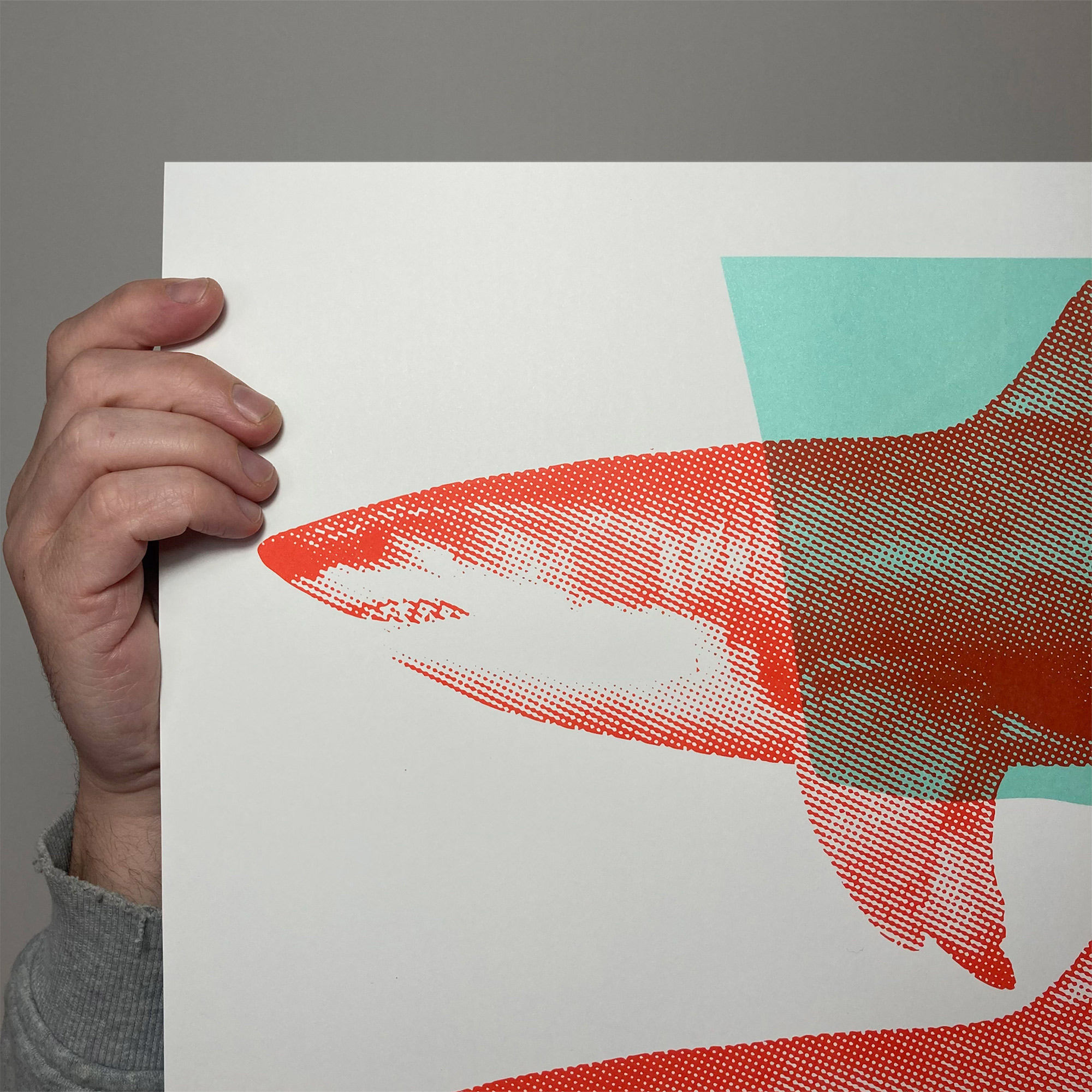 Screen Printed Shark Poster - Turquoise and Red - Left Close Up