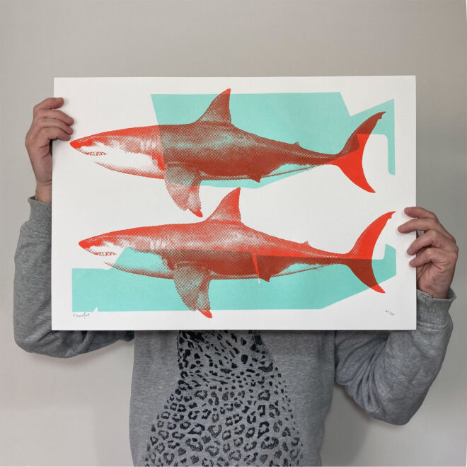 Screen Printed Shark Poster - Turquoise and Red - Main Image
