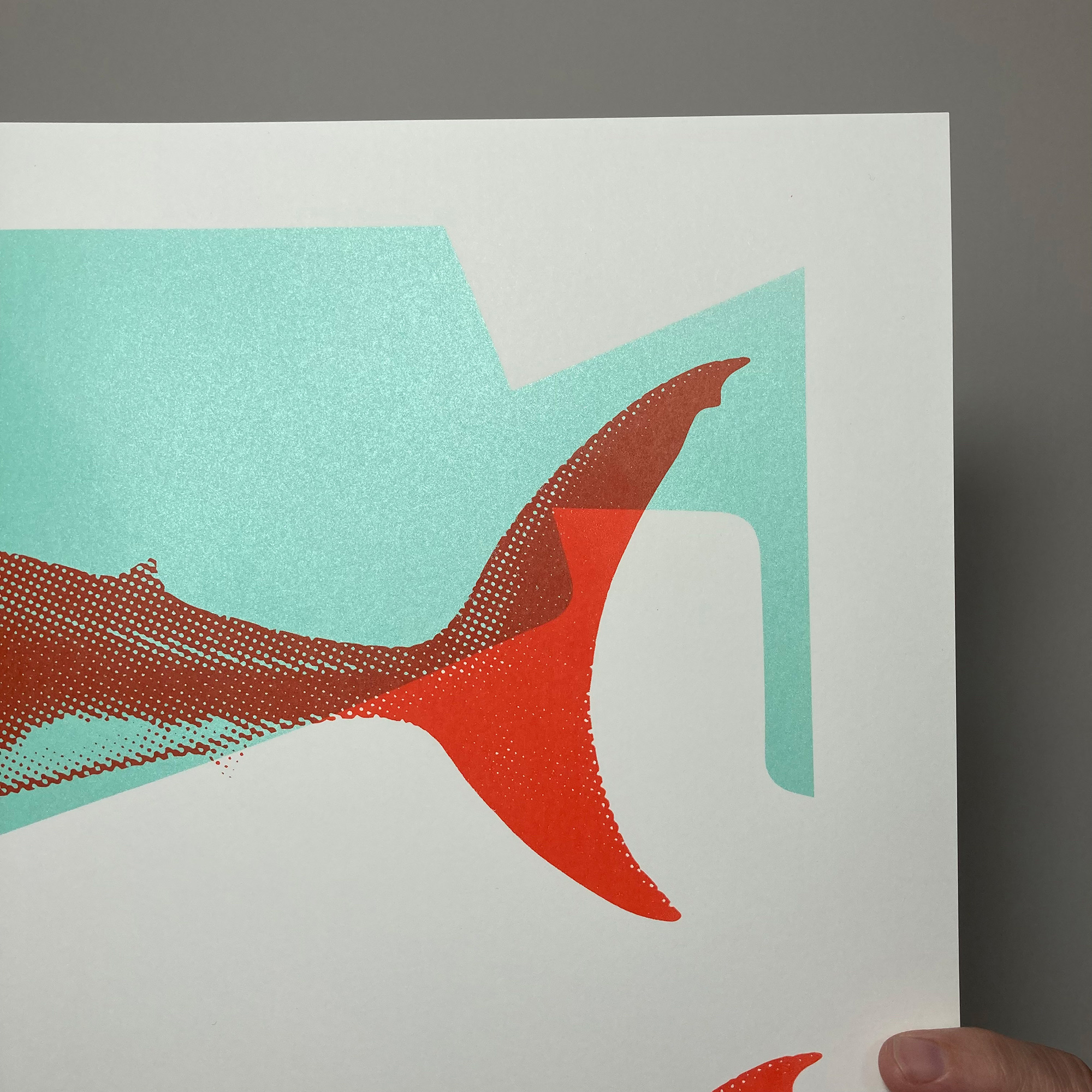 Screen Printed Shark Poster - Turquoise and Red - Hand Signed