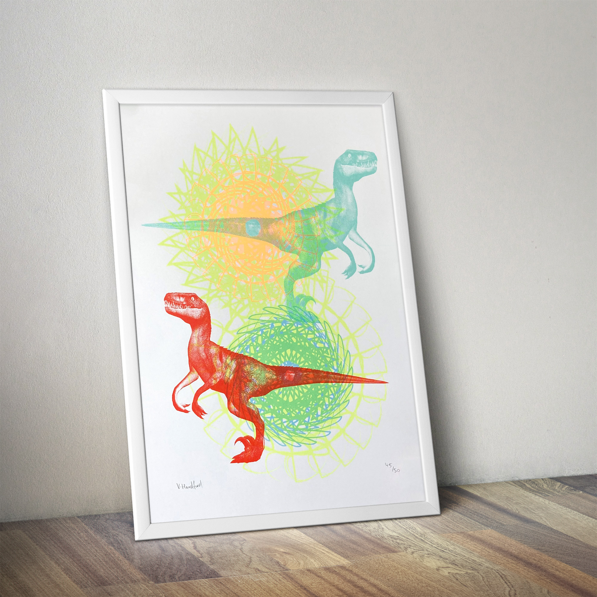 Screen Printed Dinosaur Poster - Psychedelic Raptor Rave_Frame mock up