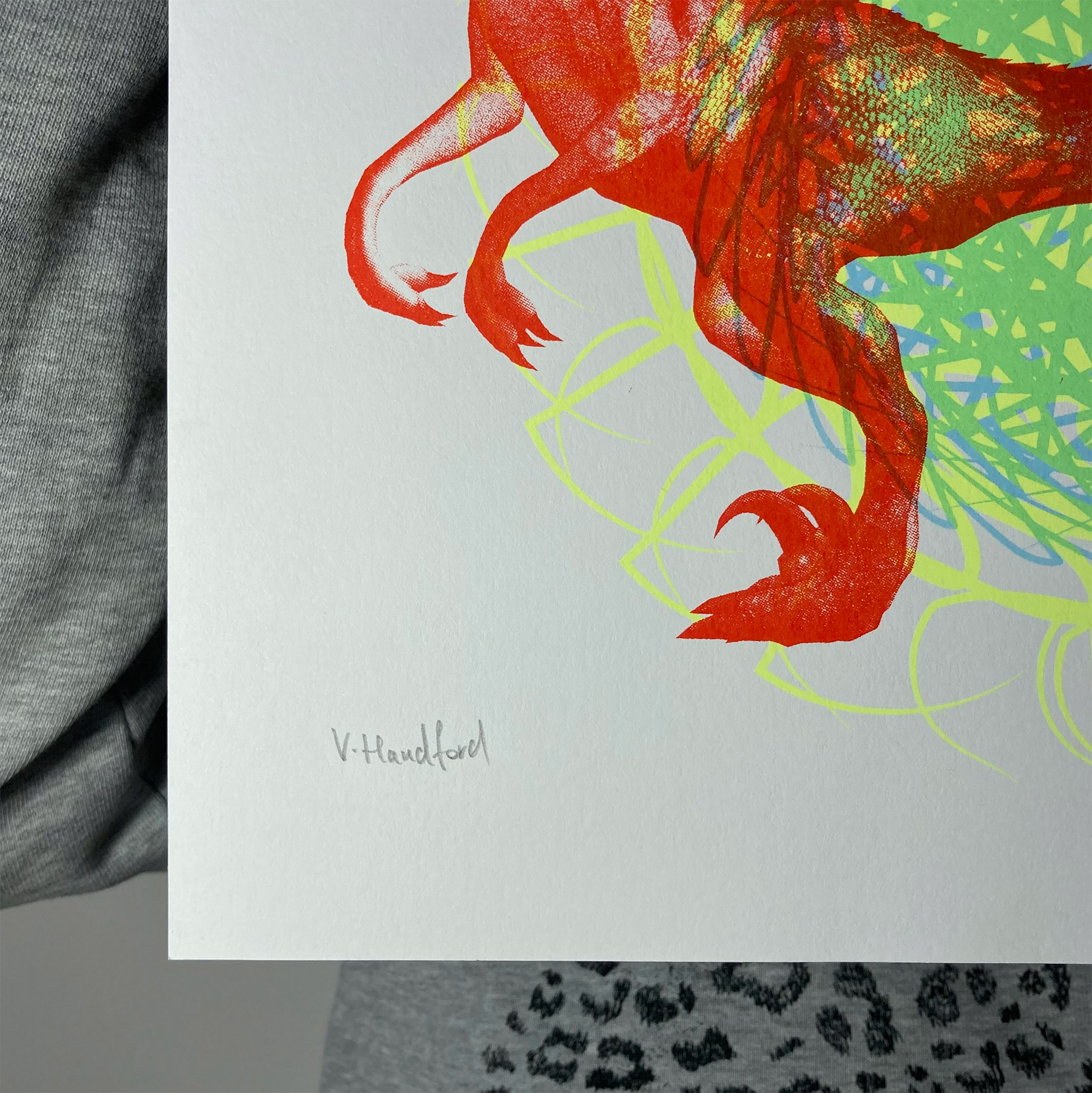 Screen Printed Dinosaur Poster - Psychedelic Raptor Rave_hand signed