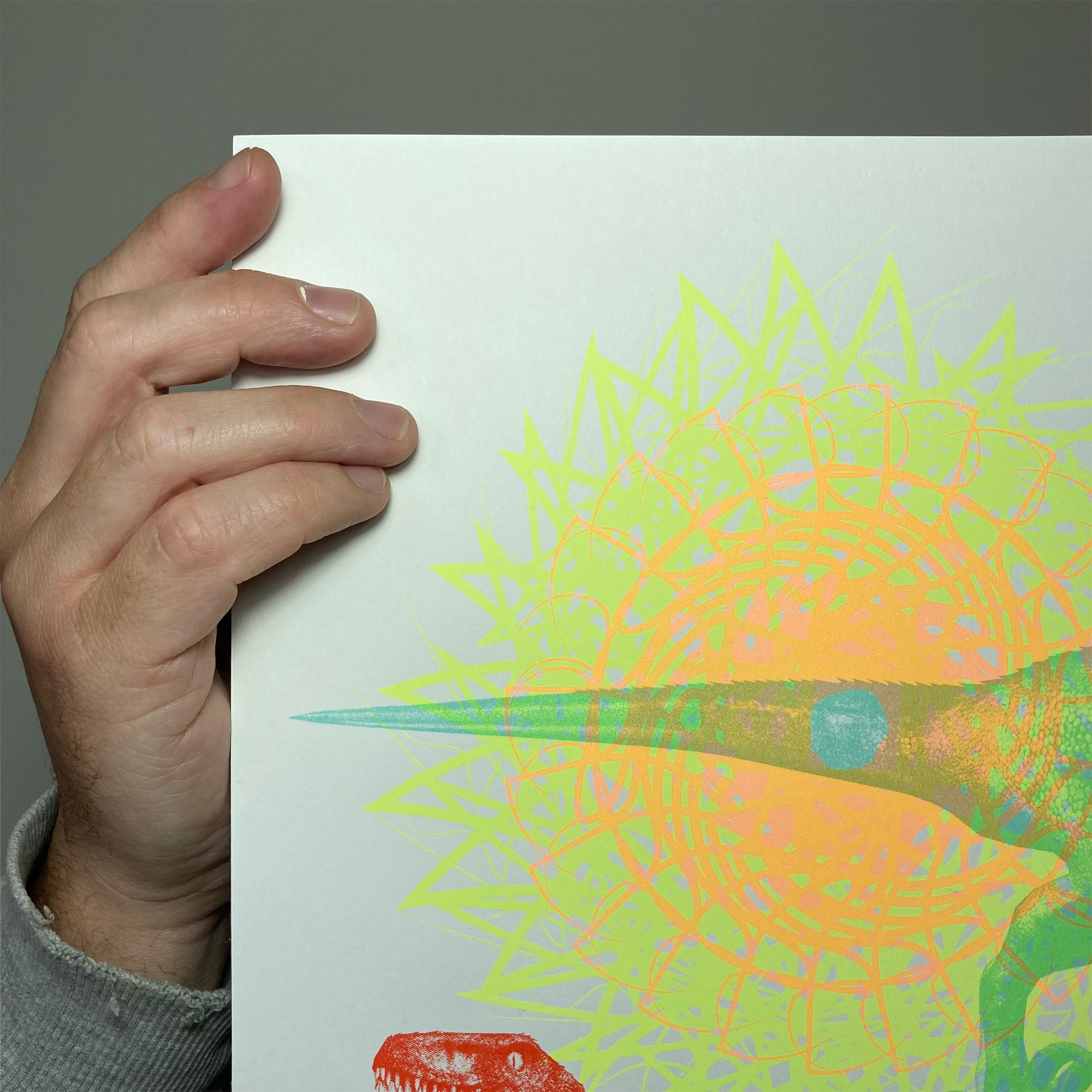 Screen Printed Dinosaur Poster - Psychedelic Raptor Rave_left close up