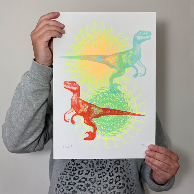 Screen Printed Dinosaur Poster - Psychedelic Raptor Rave_main image
