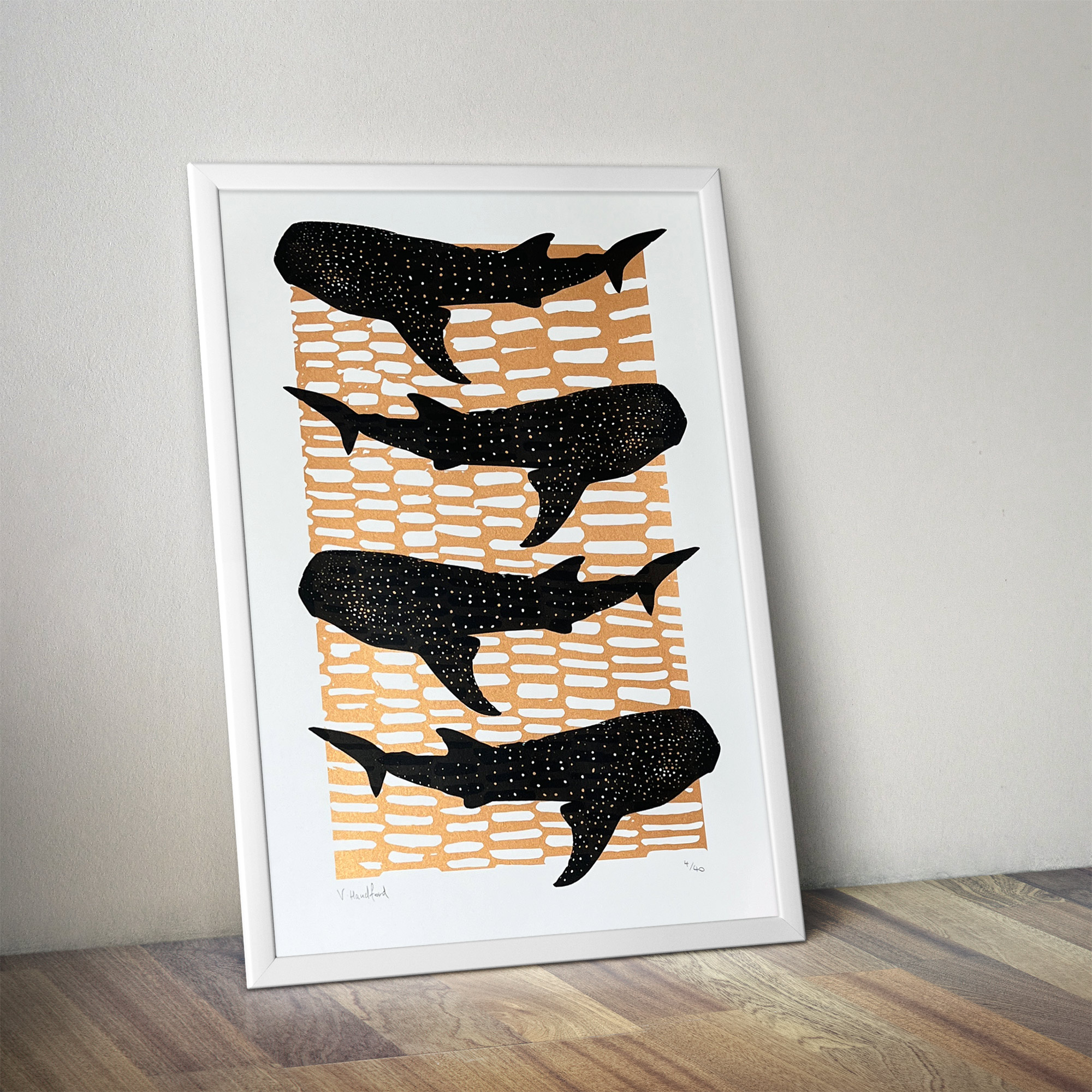 Whale Shark Shiver - Screen Printed Poster - mock up in a frame