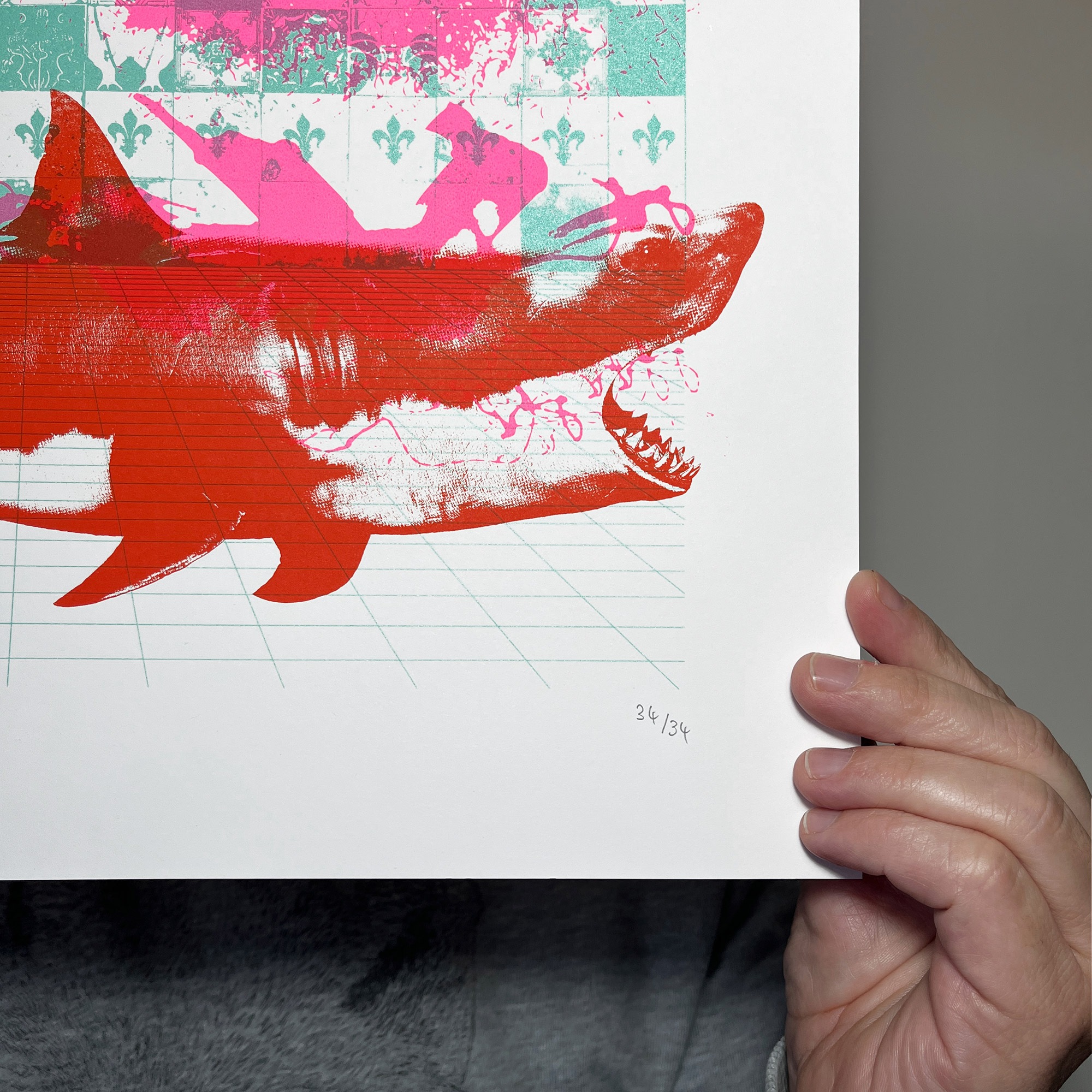 Fancy A Dip (Turquoise Pink Red) - Screen Printed Shark Poster_hand numbered