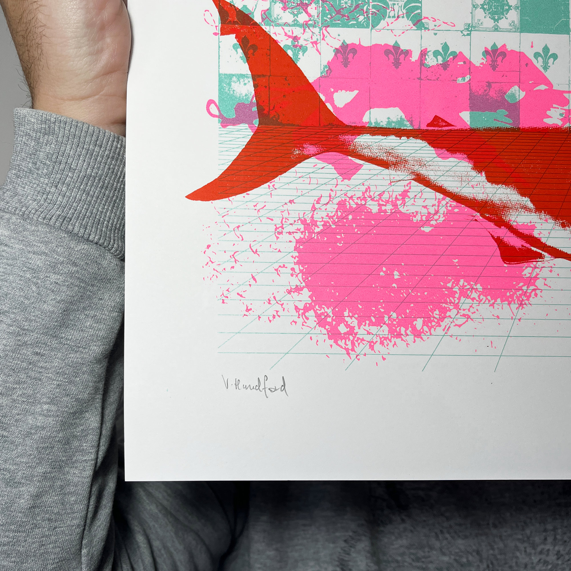 Fancy A Dip (Turquoise Pink Red) - Screen Printed Shark Poster_hand signed