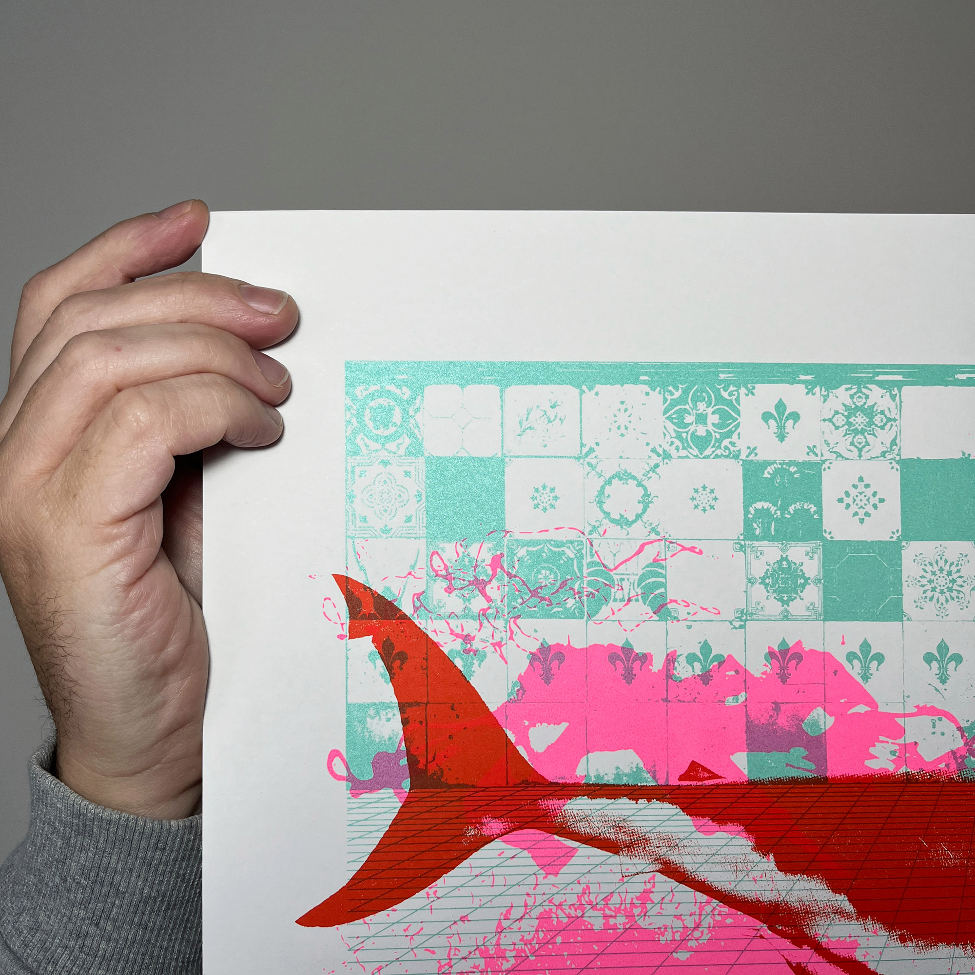 Fancy A Dip (Turquoise Pink Red) - Screen Printed Shark Poster_left close up