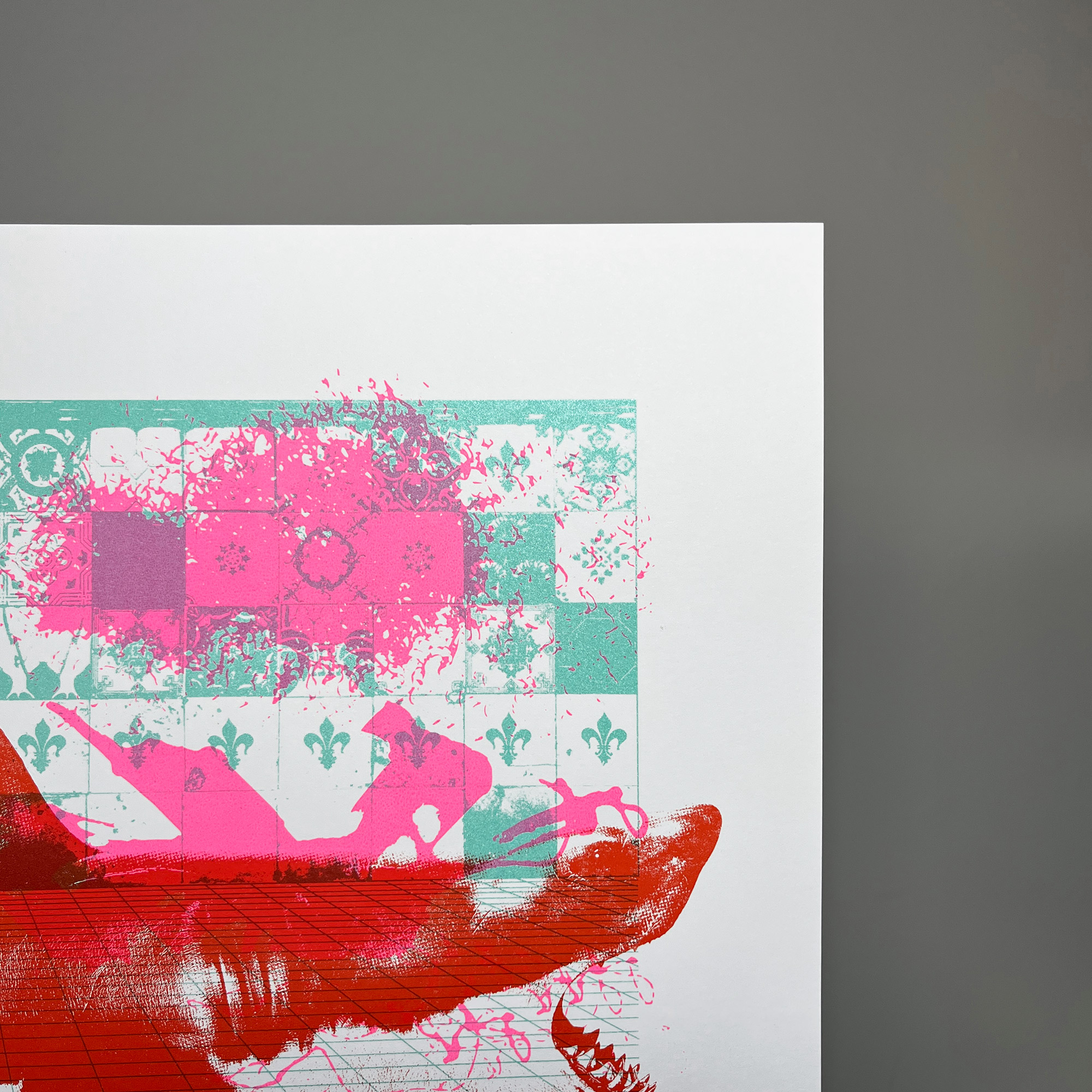 Fancy A Dip (Turquoise Pink Red) - Screen Printed Shark Poster_right close up