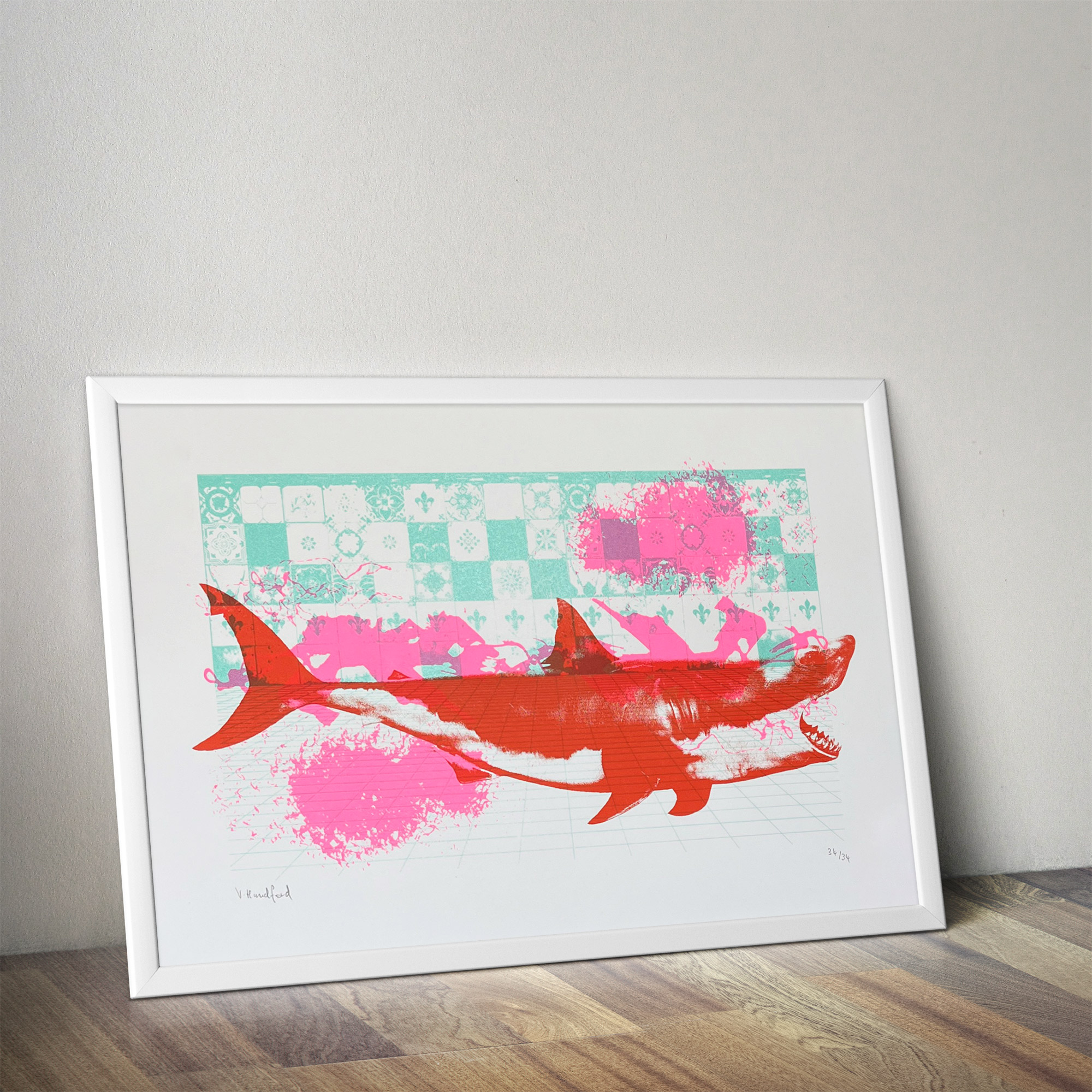 Fancy A Dip (Turquoise Pink Red) - Screen Printed Shark Poster_mock up in a frame