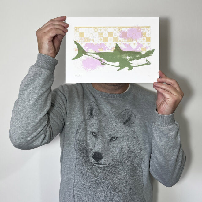 Fancy A Dip (Mini Gold Purple Green) – Screen Printed Shark Poster - main image