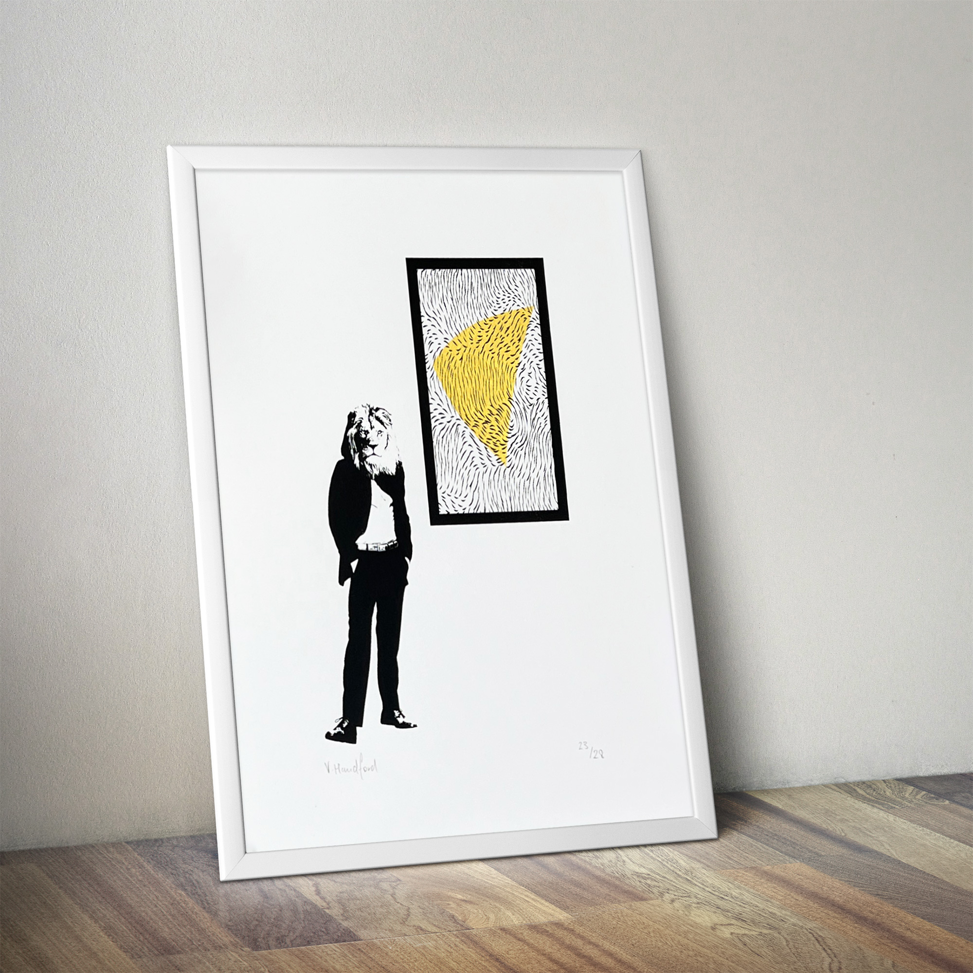 Lion Abstract - Screen Printed Poster - mock up in a frame