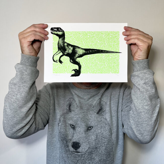 I Am Raptor - Screen Printed Dinosaur Poster - Neon Green and Black - main image