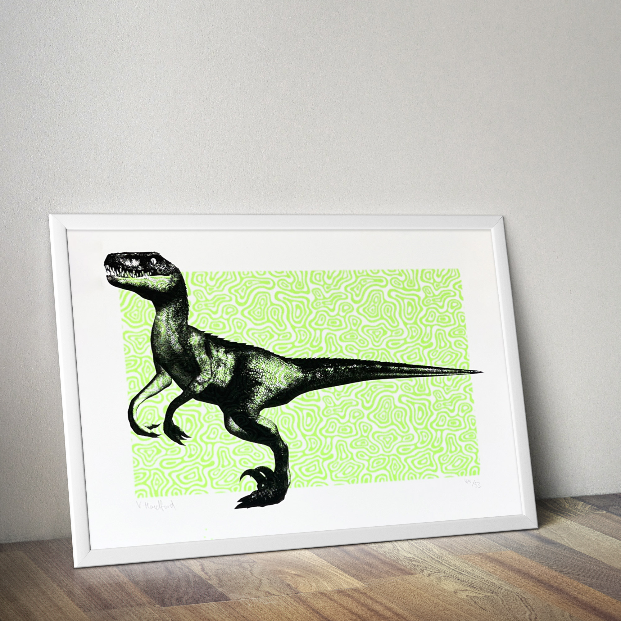 I Am Raptor - Screen Printed Dinosaur Poster - Neon Green and Black - mock up in a frame