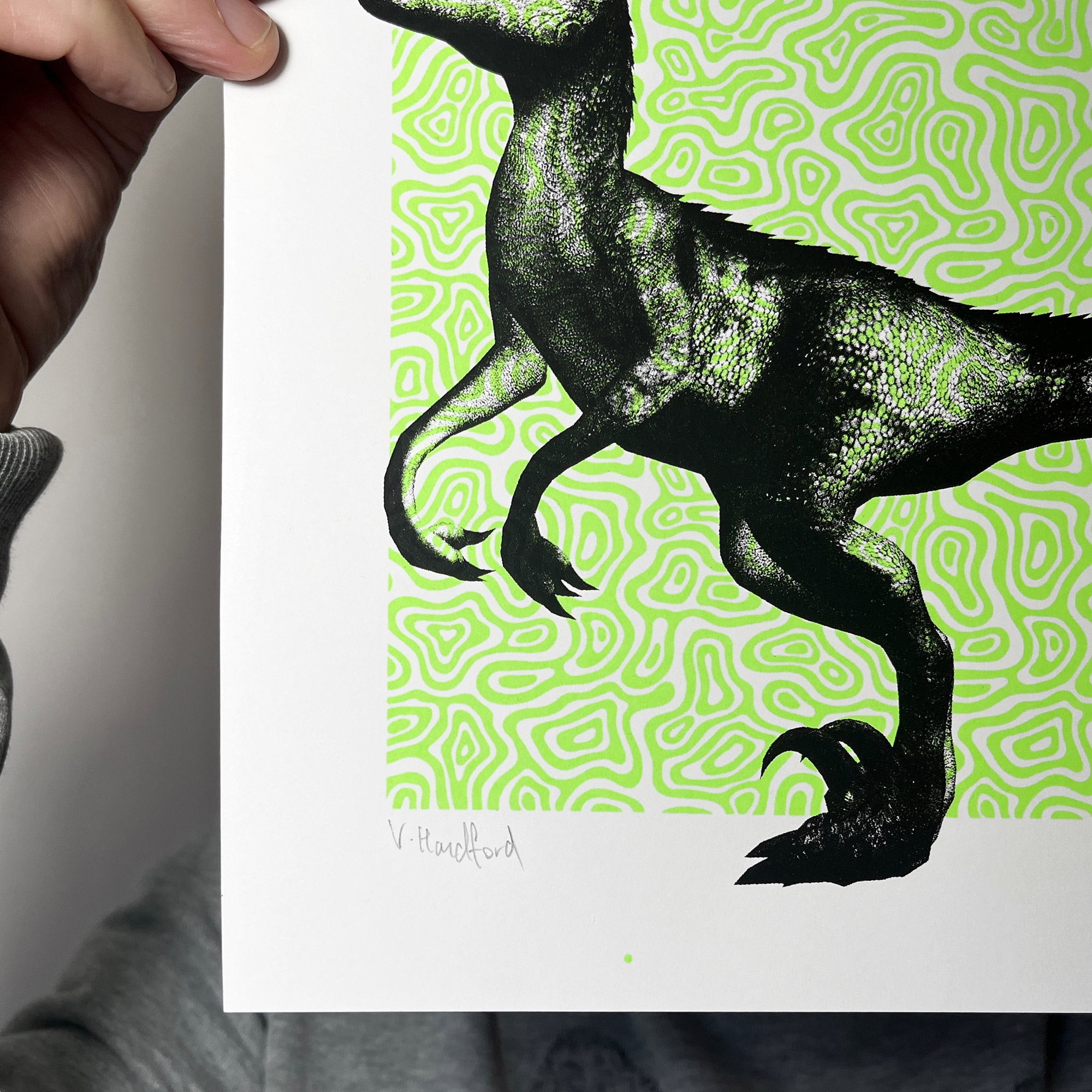 I Am Raptor - Screen Printed Dinosaur Poster - Neon Green and Black - hand signed