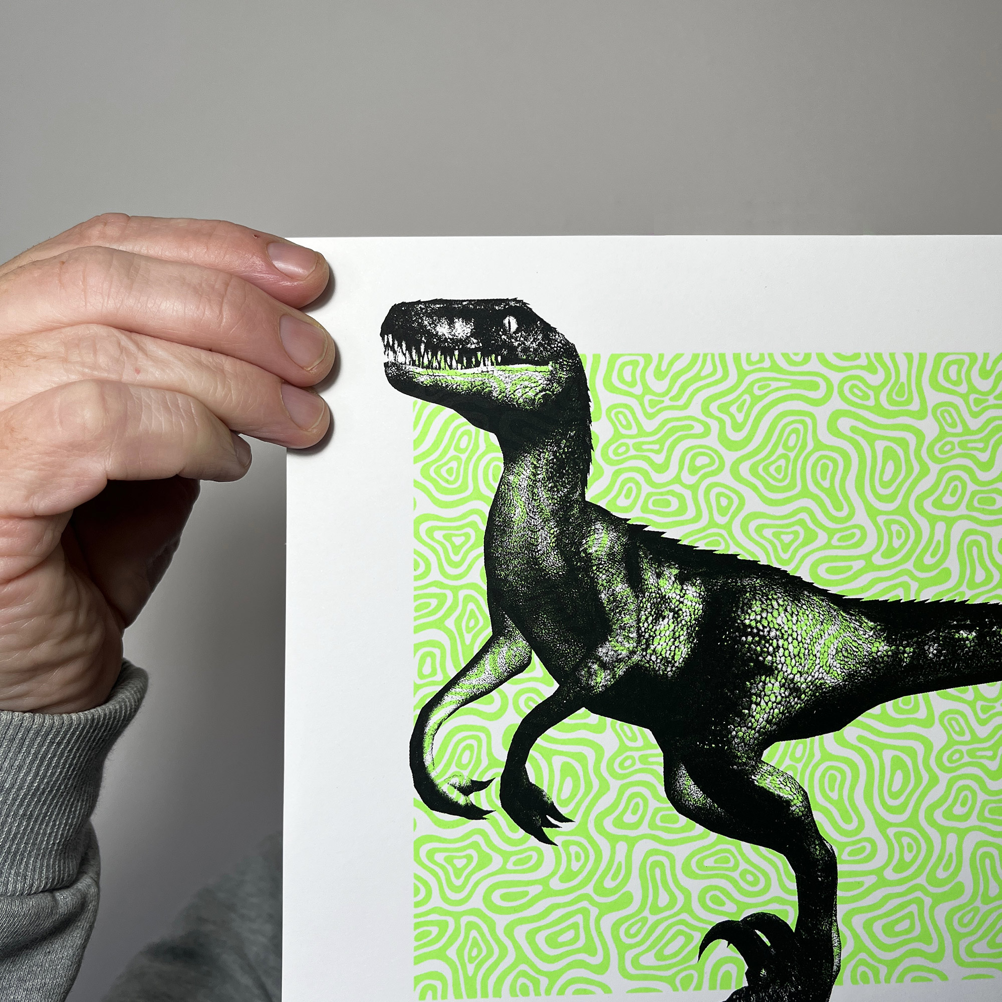 I Am Raptor - Screen Printed Dinosaur Poster - Neon Green and Black - left close up detail shot
