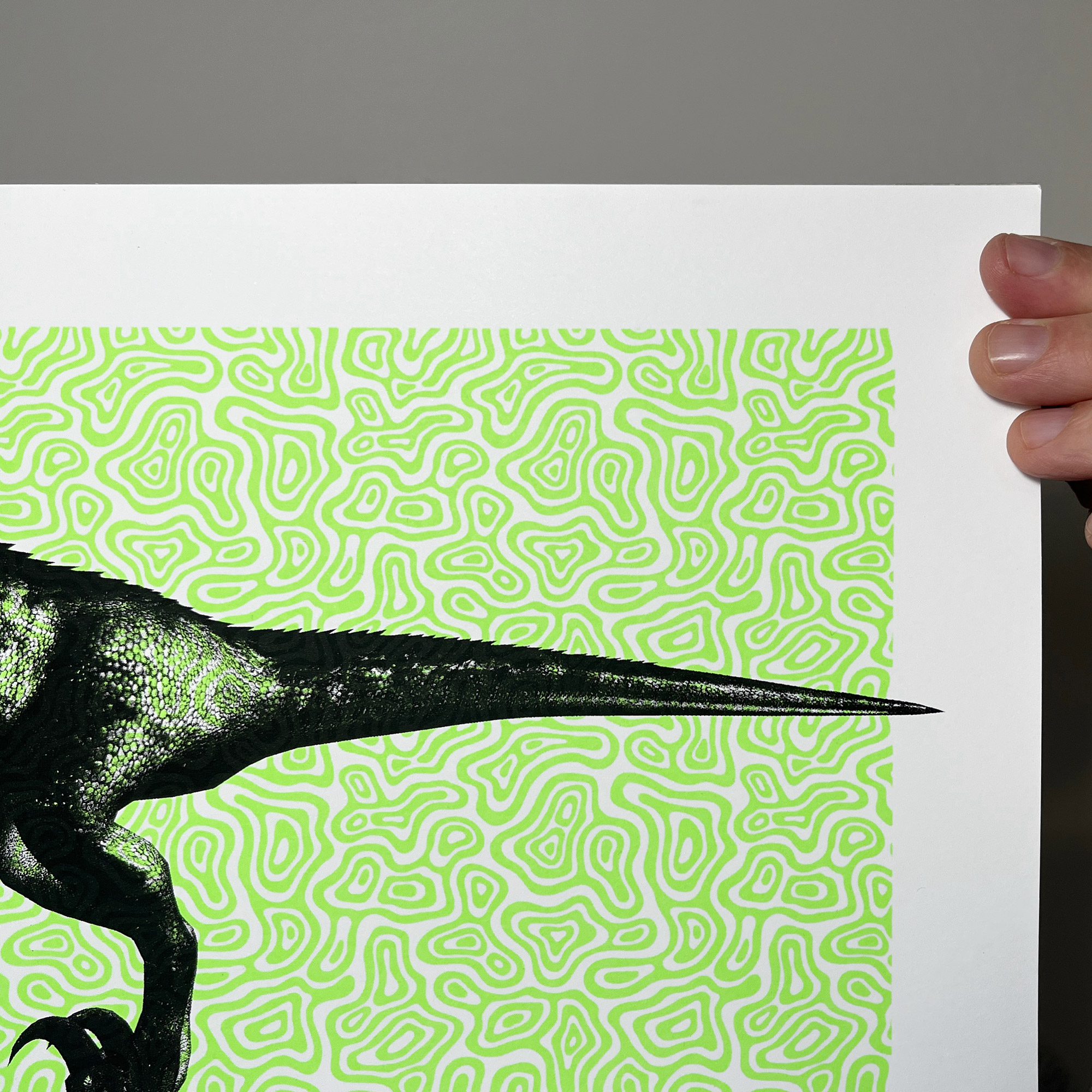 I Am Raptor - Screen Printed Dinosaur Poster - Neon Green and Black - right close up detail shot