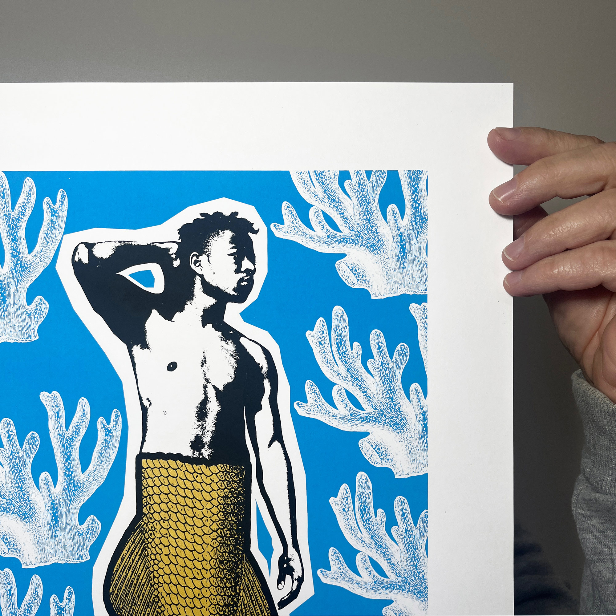 Merman - Screen Printed Poster - Gold Blue Black - right close up