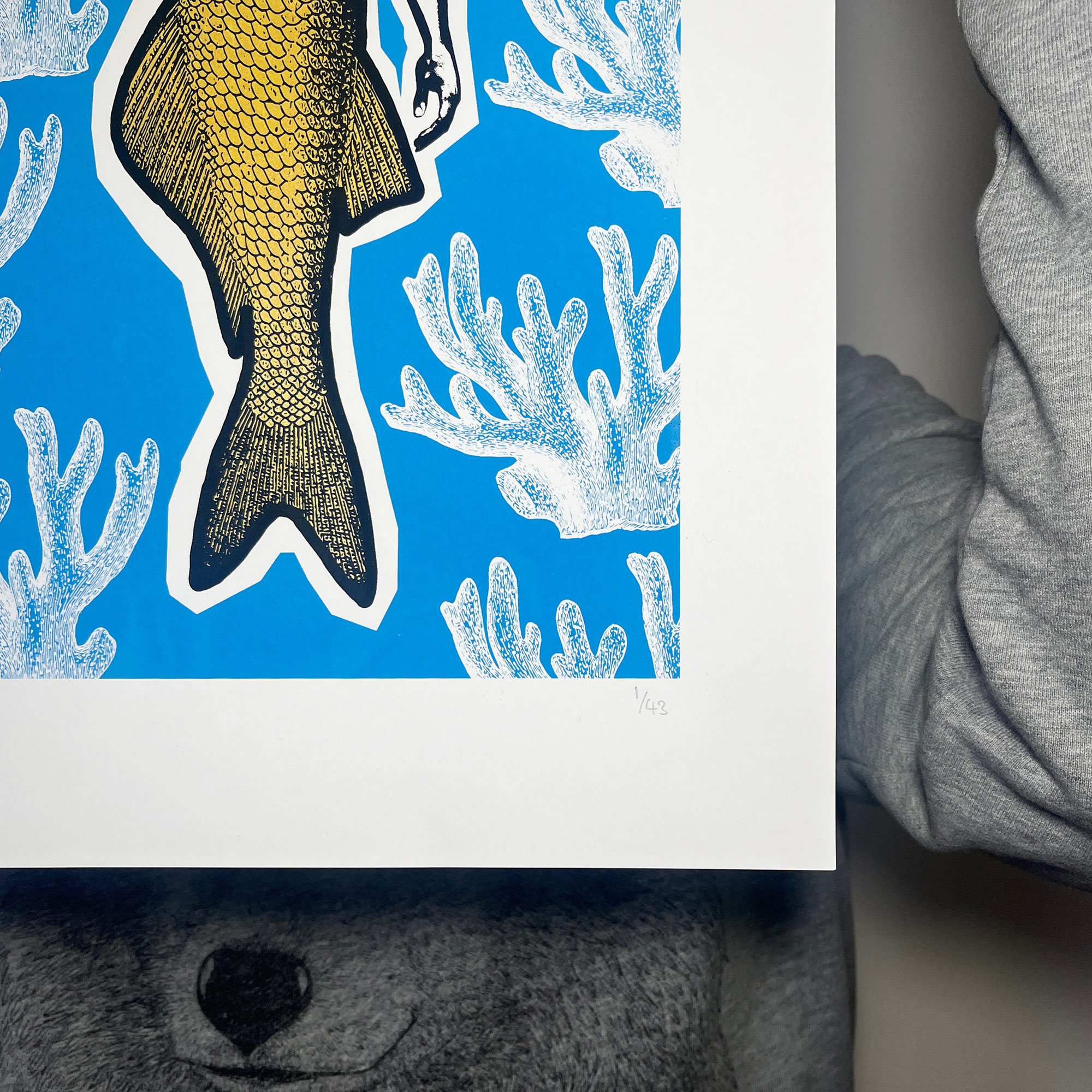 Merman - Screen Printed Poster - Gold Blue Black - hand numbered
