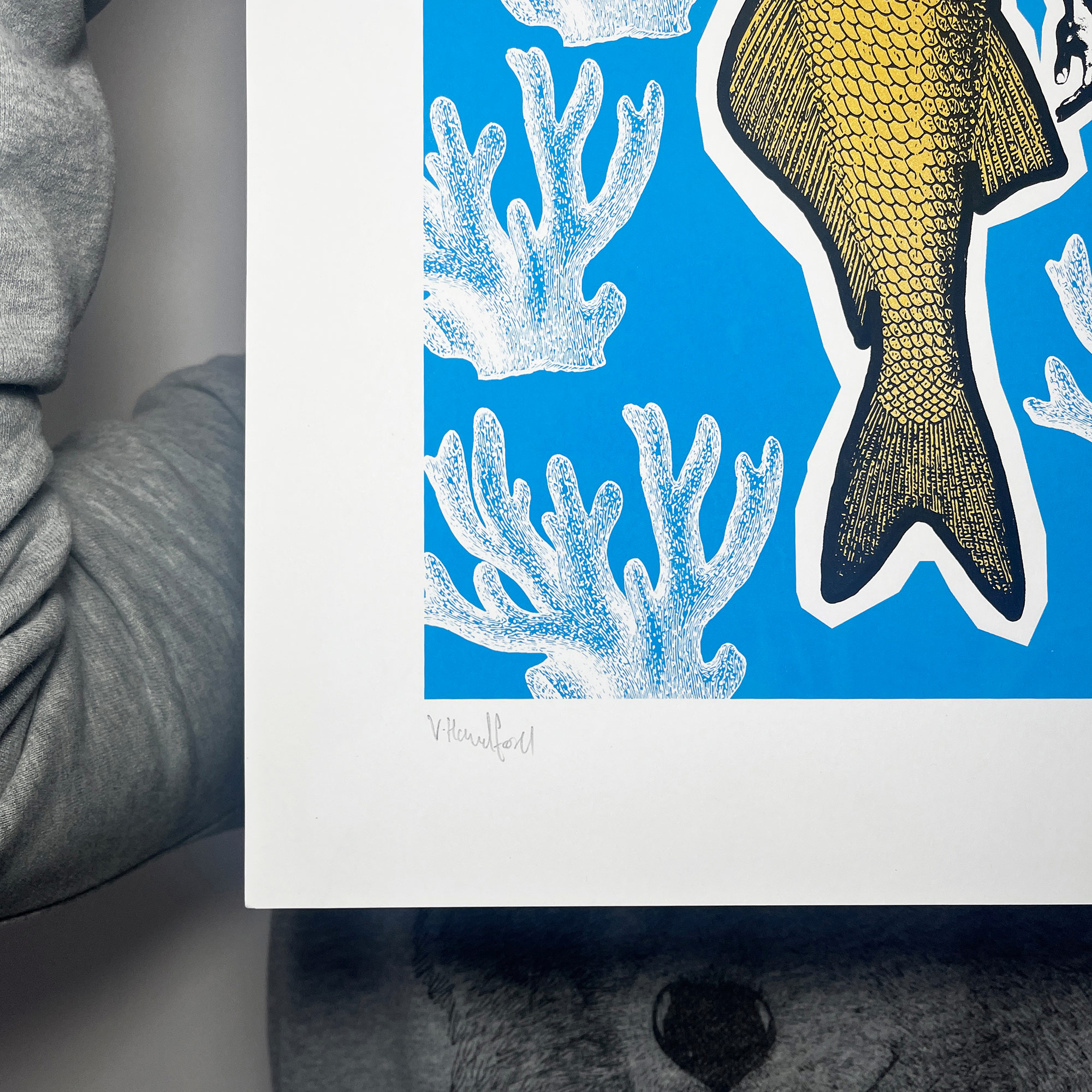 Merman - Screen Printed Poster - Gold Blue Black - hand signed