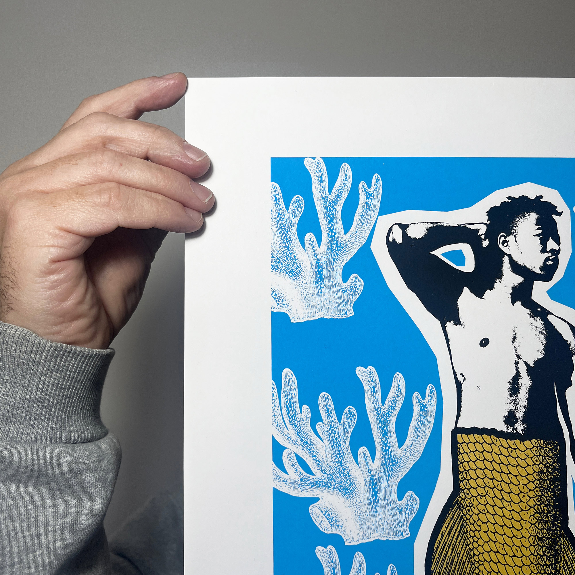 Merman - Screen Printed Poster - Gold Blue Black - left close up