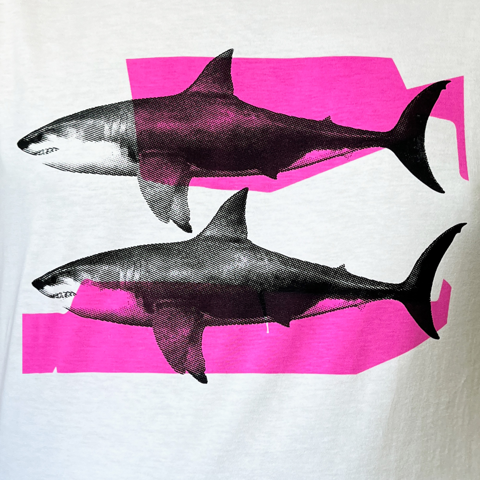 Shark Tank T-shirt - Neon Pink and Black - close up detail shot