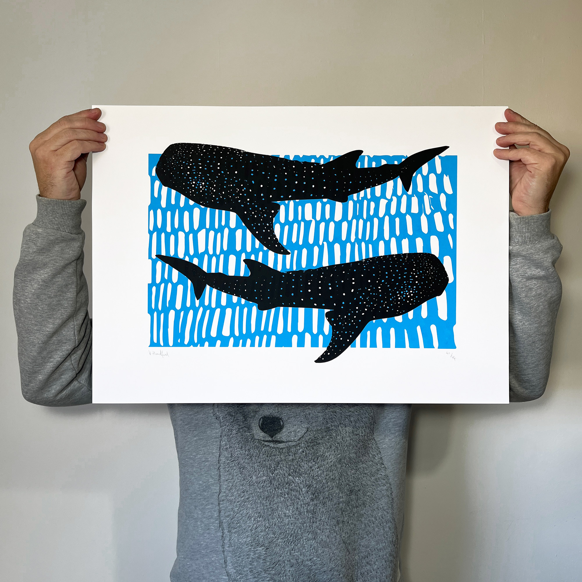 Whale Sharks - Screen Printed Poster - Black and Blue - main image