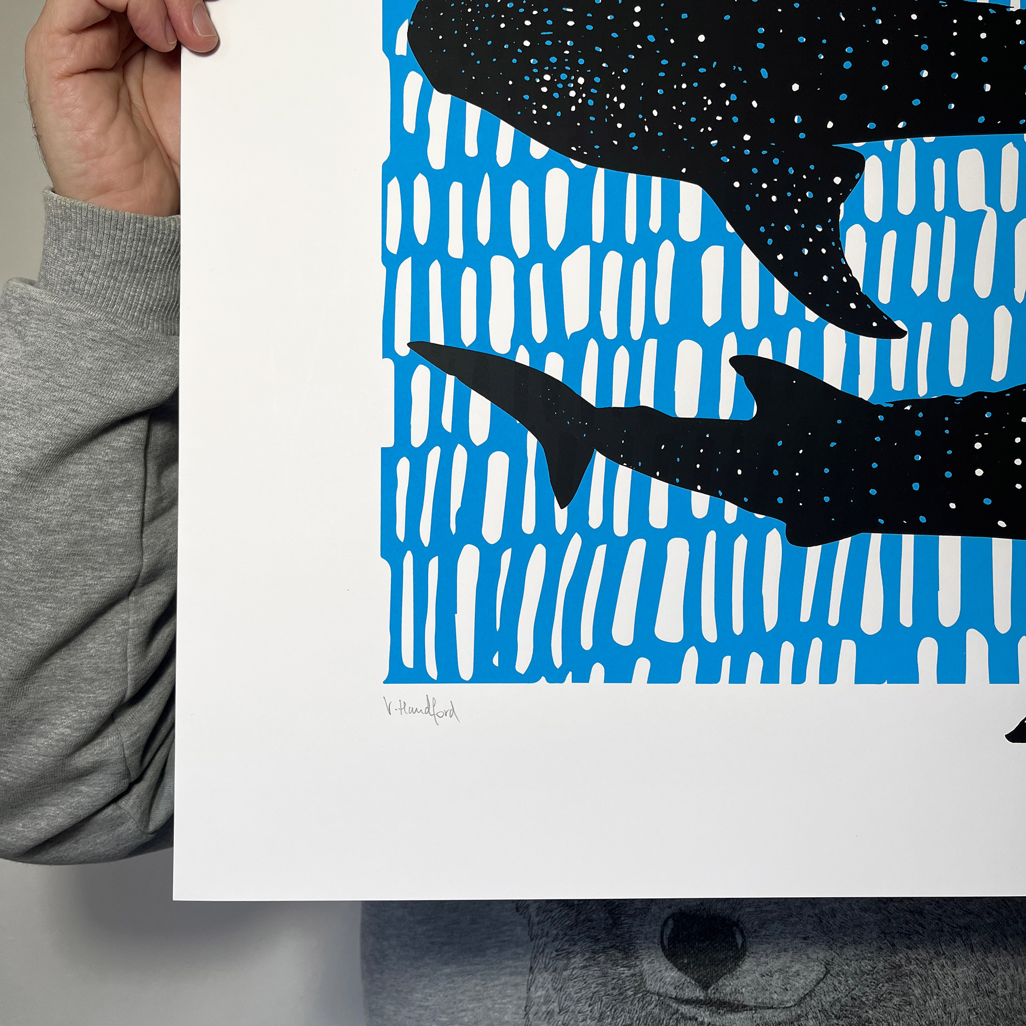 Whale Sharks - Screen Printed Poster - Black and Blue - hand signed