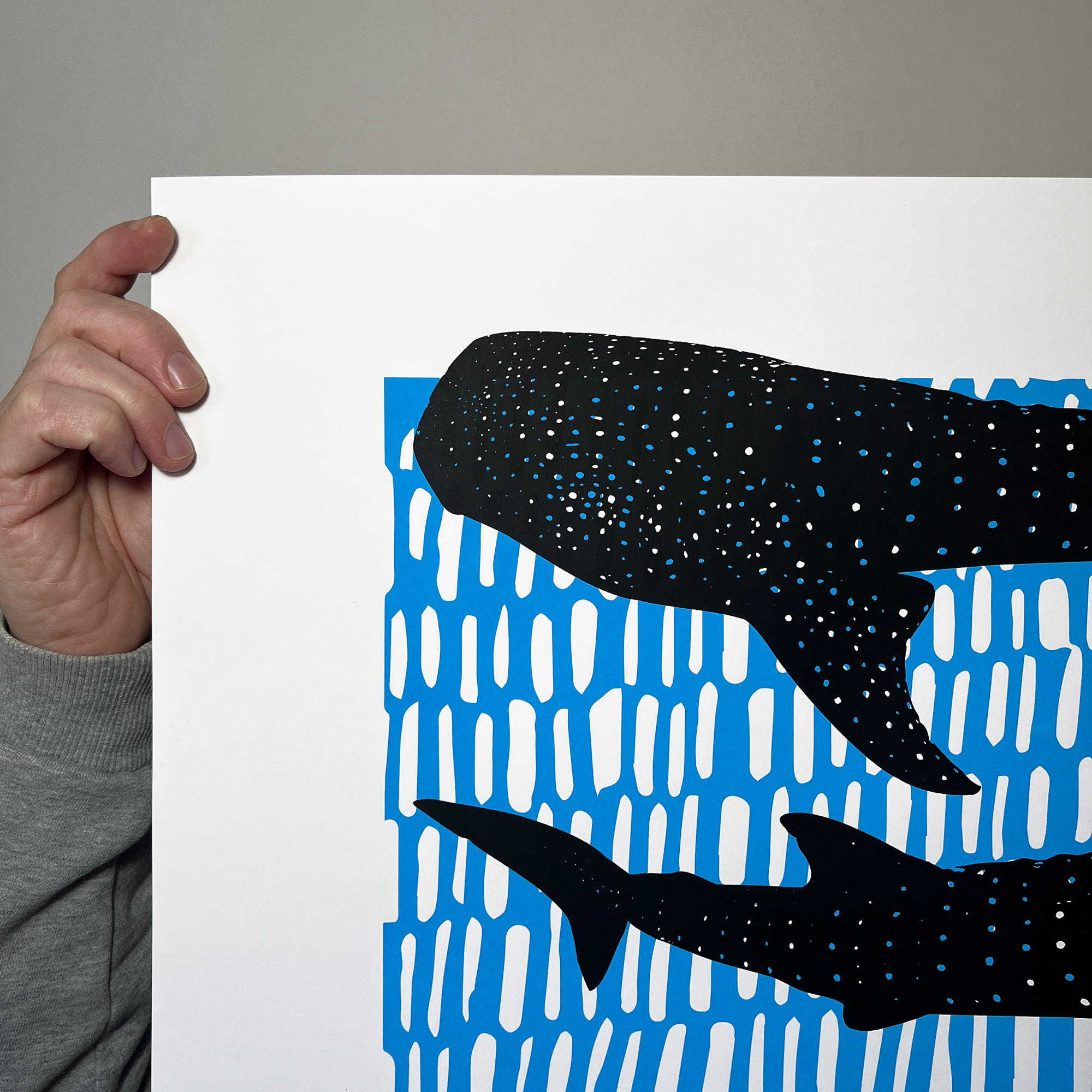 Whale Sharks - Screen Printed Poster - Black and Blue - left close up detail shot