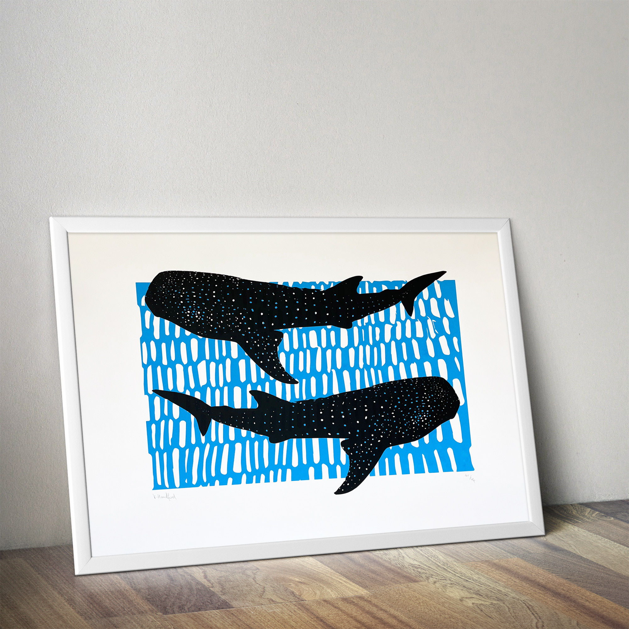 Whale Sharks - Screen Printed Poster - Black and Blue - mock up in a frame