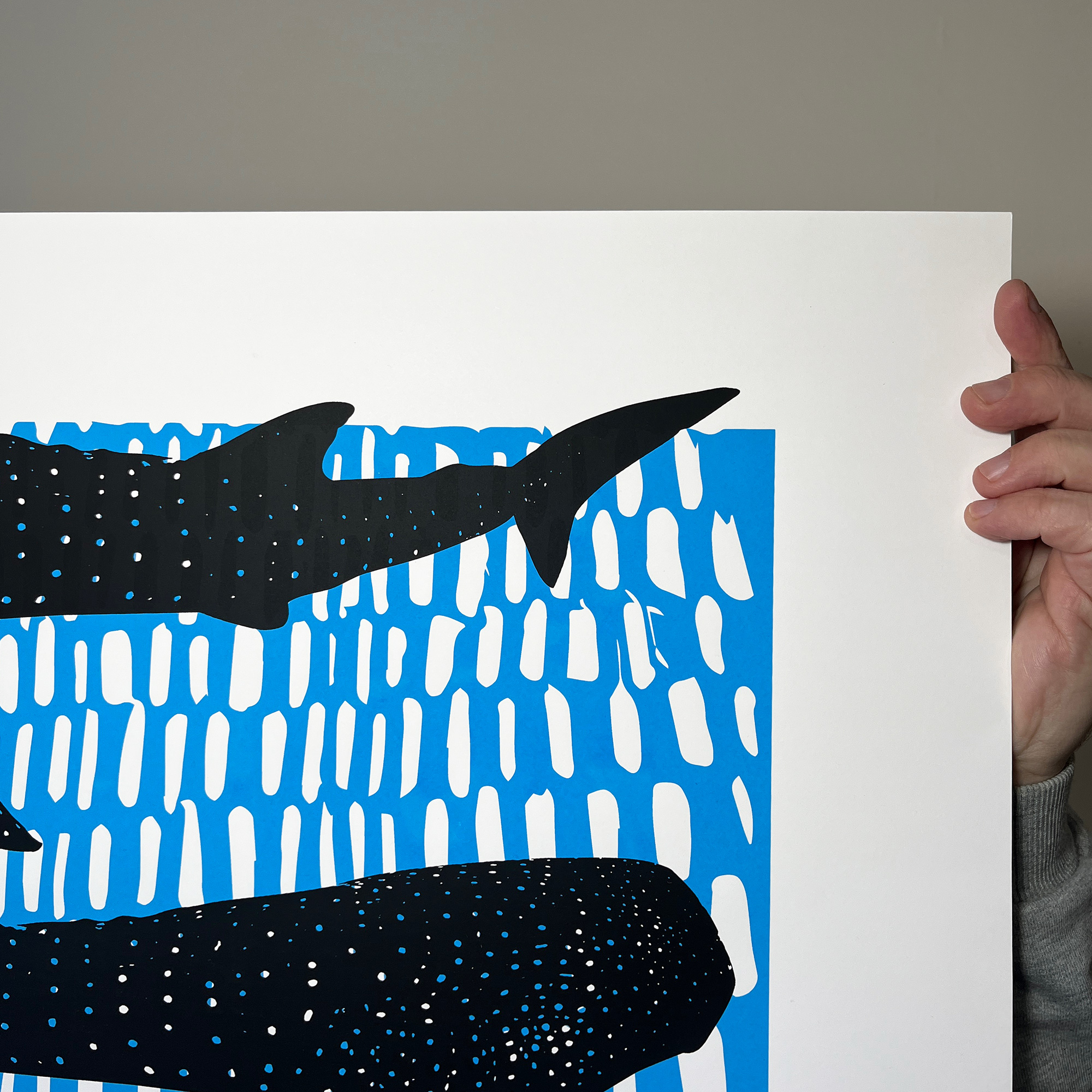 Whale Sharks - Screen Printed Poster - Black and Blue - right close up detail shot