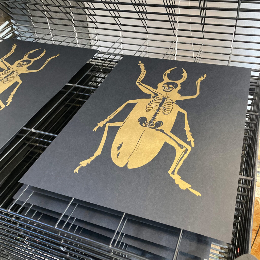 Metamorphosis - Screen Print - process shot on drying rack