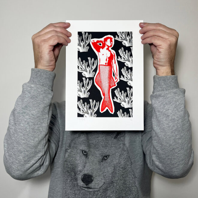Merman Mini - Screen Printed Poster - Red and Black - main image