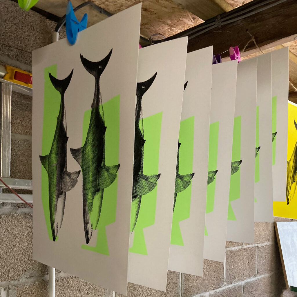 Shark Tank Neon Green and Black - Screen Print - process shot drying