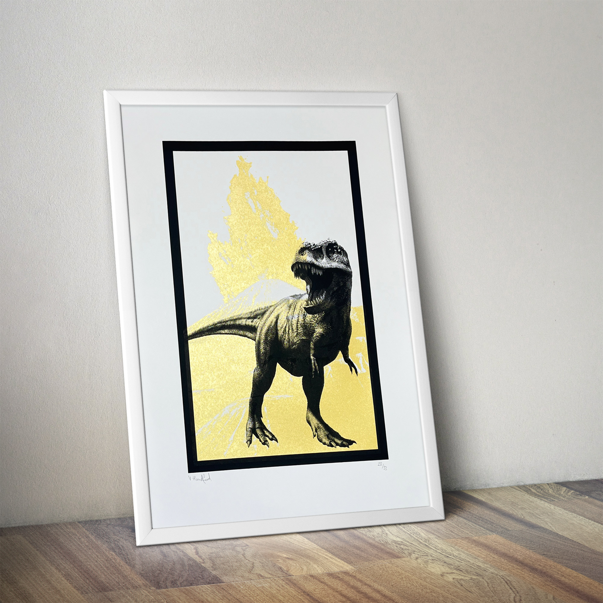 T Rex (Medium Gold) - Screen Printed Dinosaur Poster - mock up in frame
