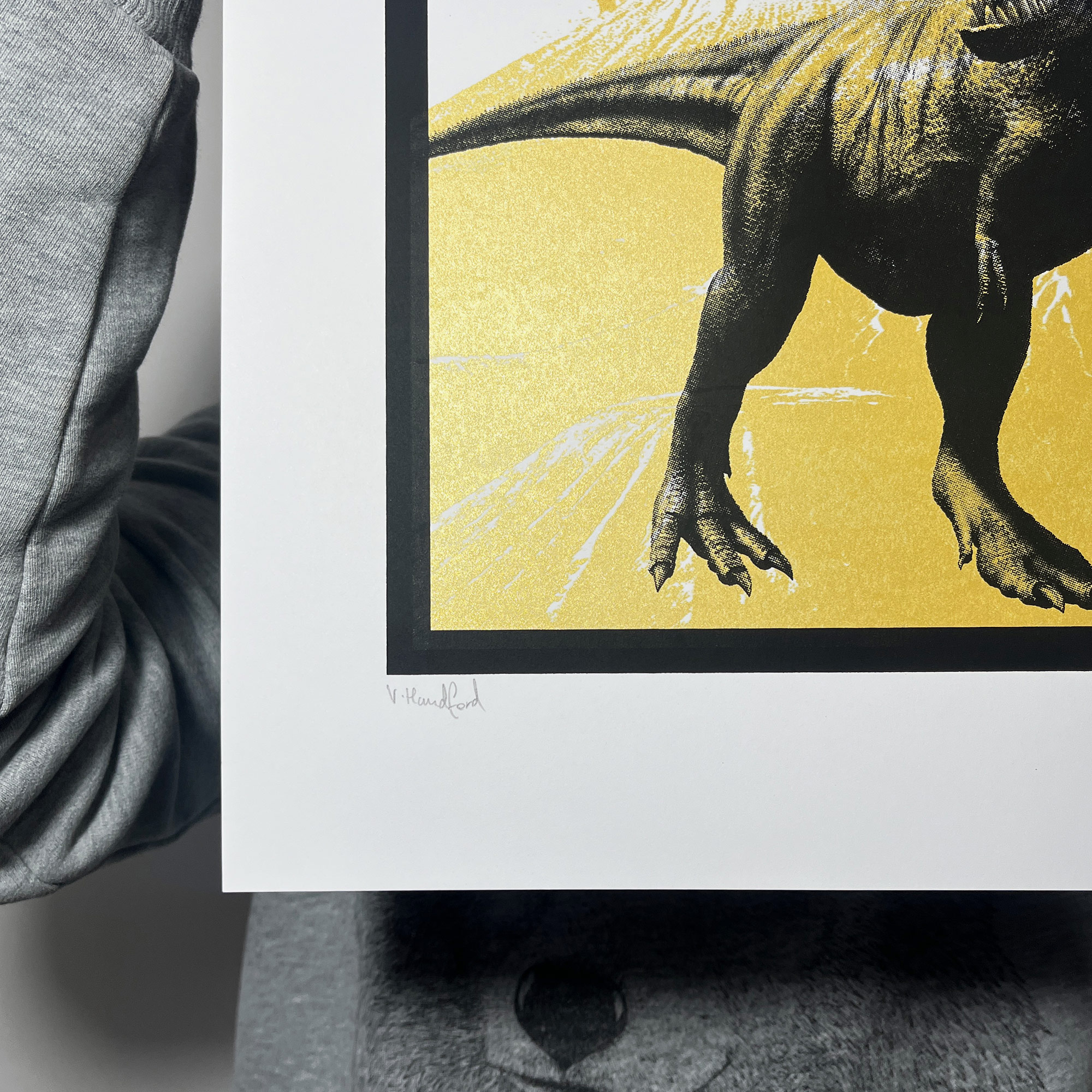 T Rex (Medium Gold) - Screen Printed Dinosaur Poster - hand signed