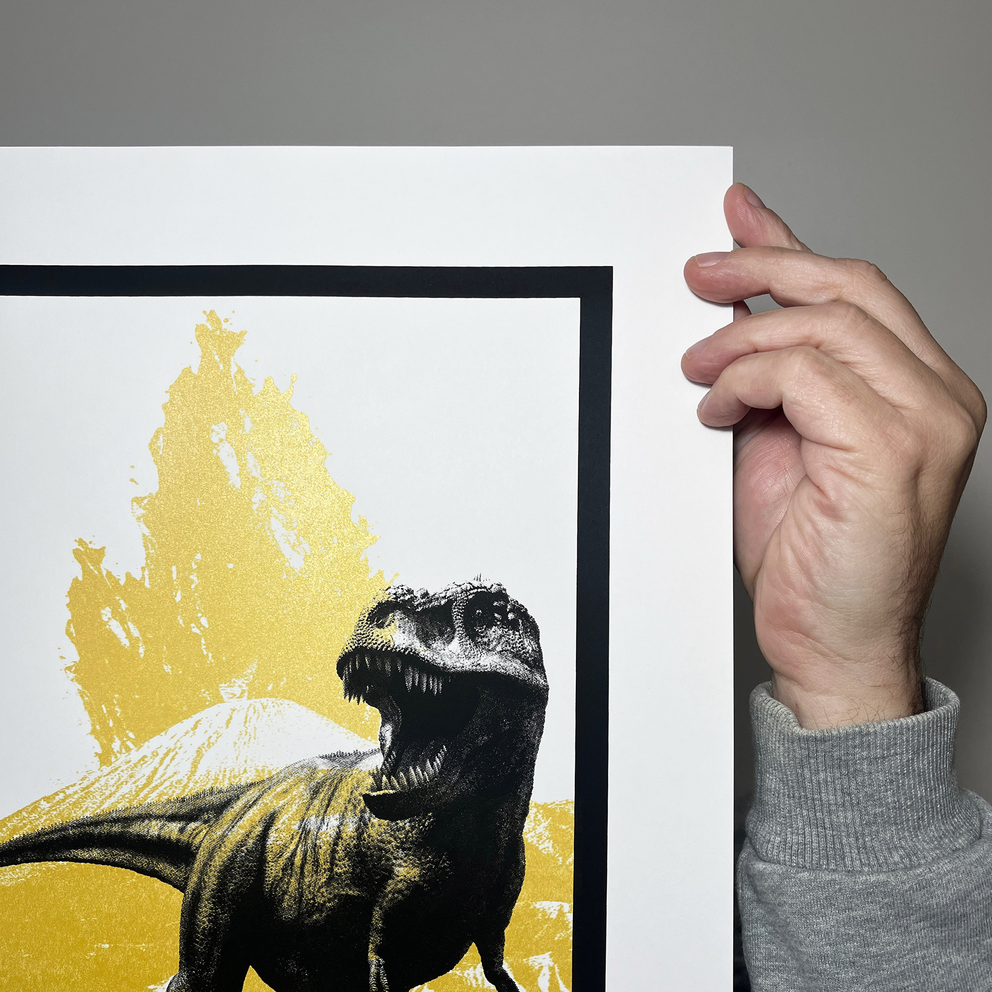 T Rex (Medium Gold) - Screen Printed Dinosaur Poster - right close up