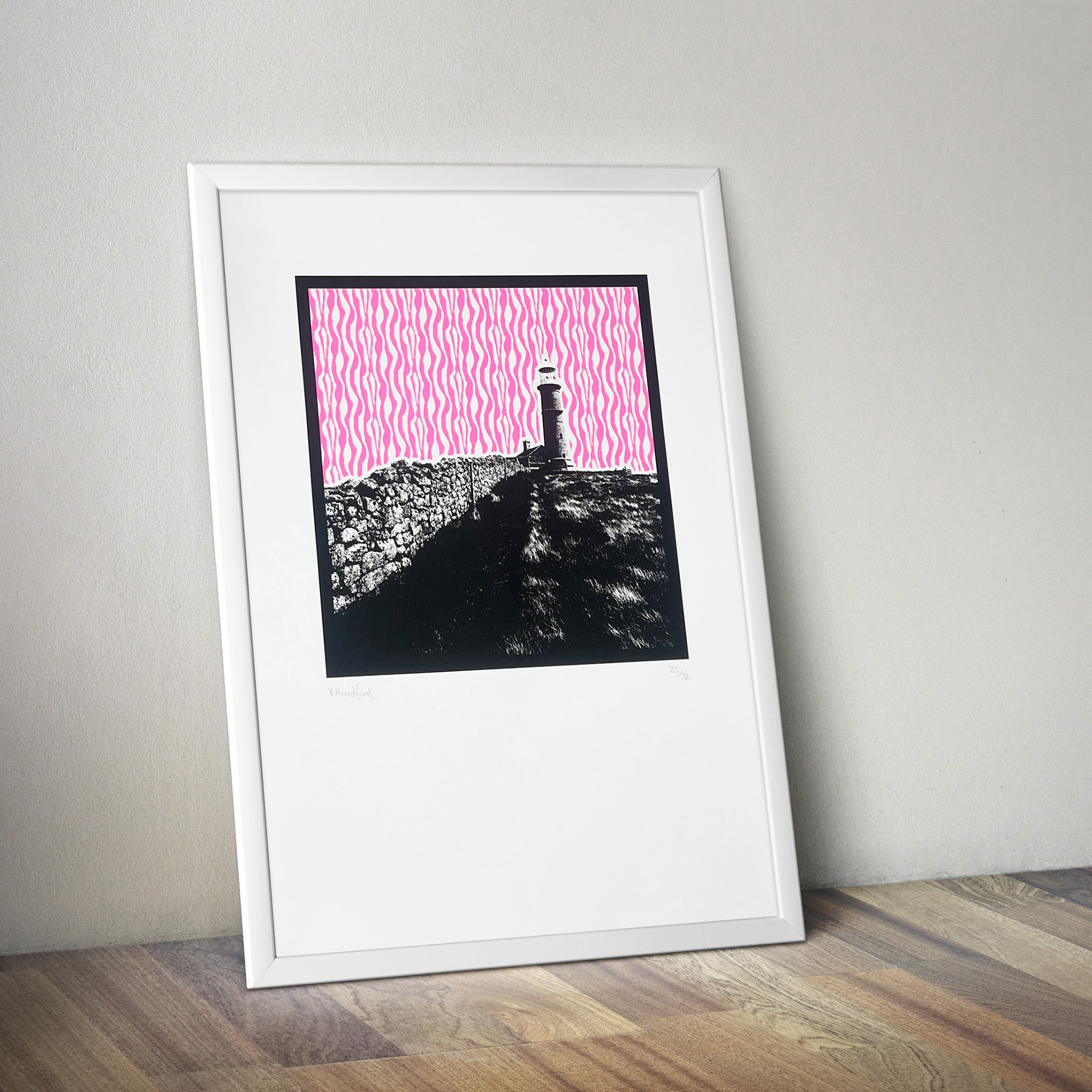 Screen Printed Lighthouse Poster – Lundy (Pink Black) - mock up in a frame
