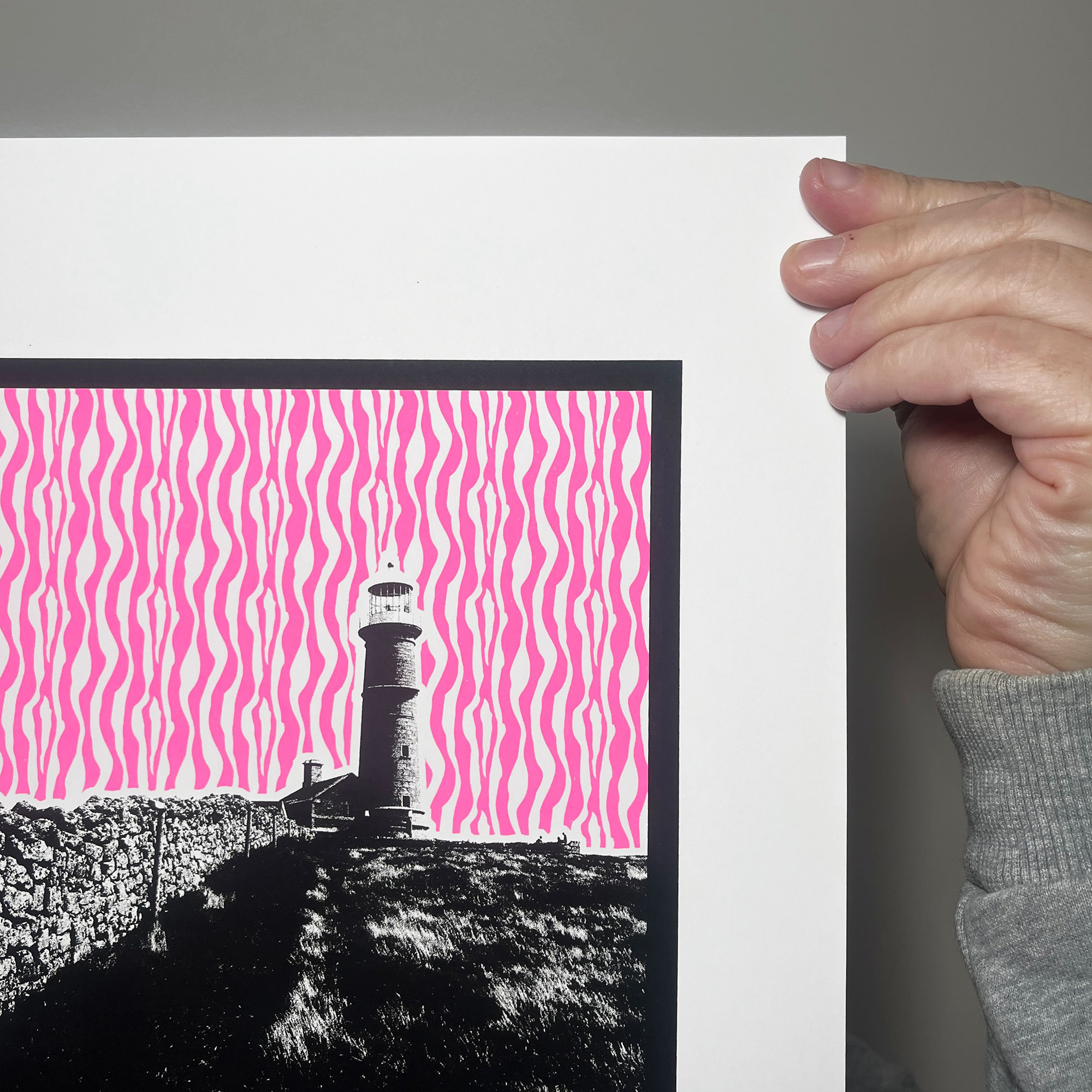 Screen Printed Lighthouse Poster – Lundy (Pink Black) -right close up