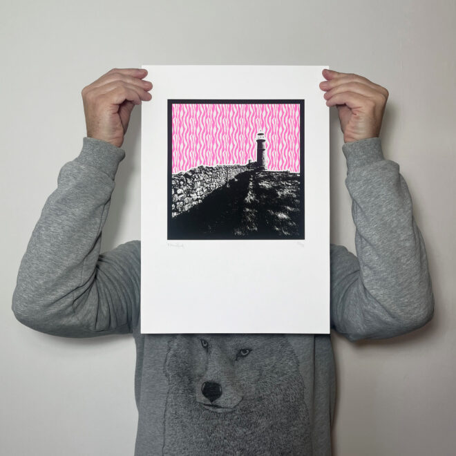 Screen Printed Lighthouse Poster – Lundy (Pink Black) - scale shot