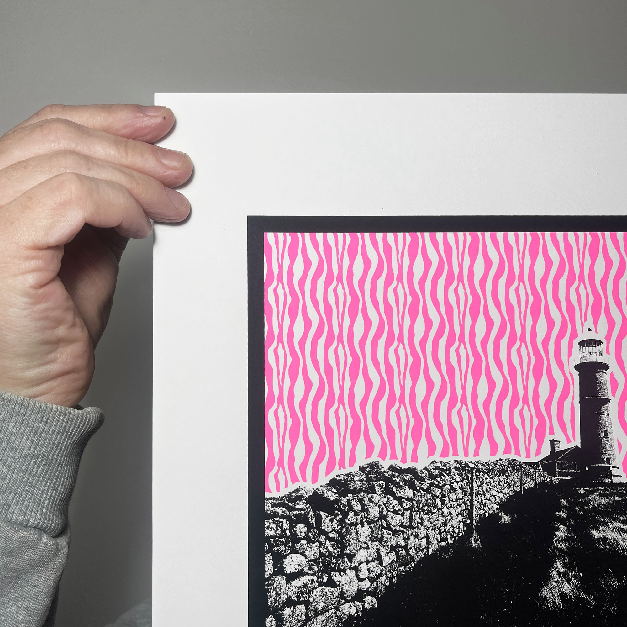 Screen Printed Lighthouse Poster – Lundy (Pink Black) - left close up