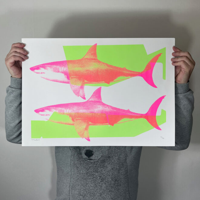 Screen Printed Shark Poster - 'Shark Tank (Neon Pink and Green)' - scale shot