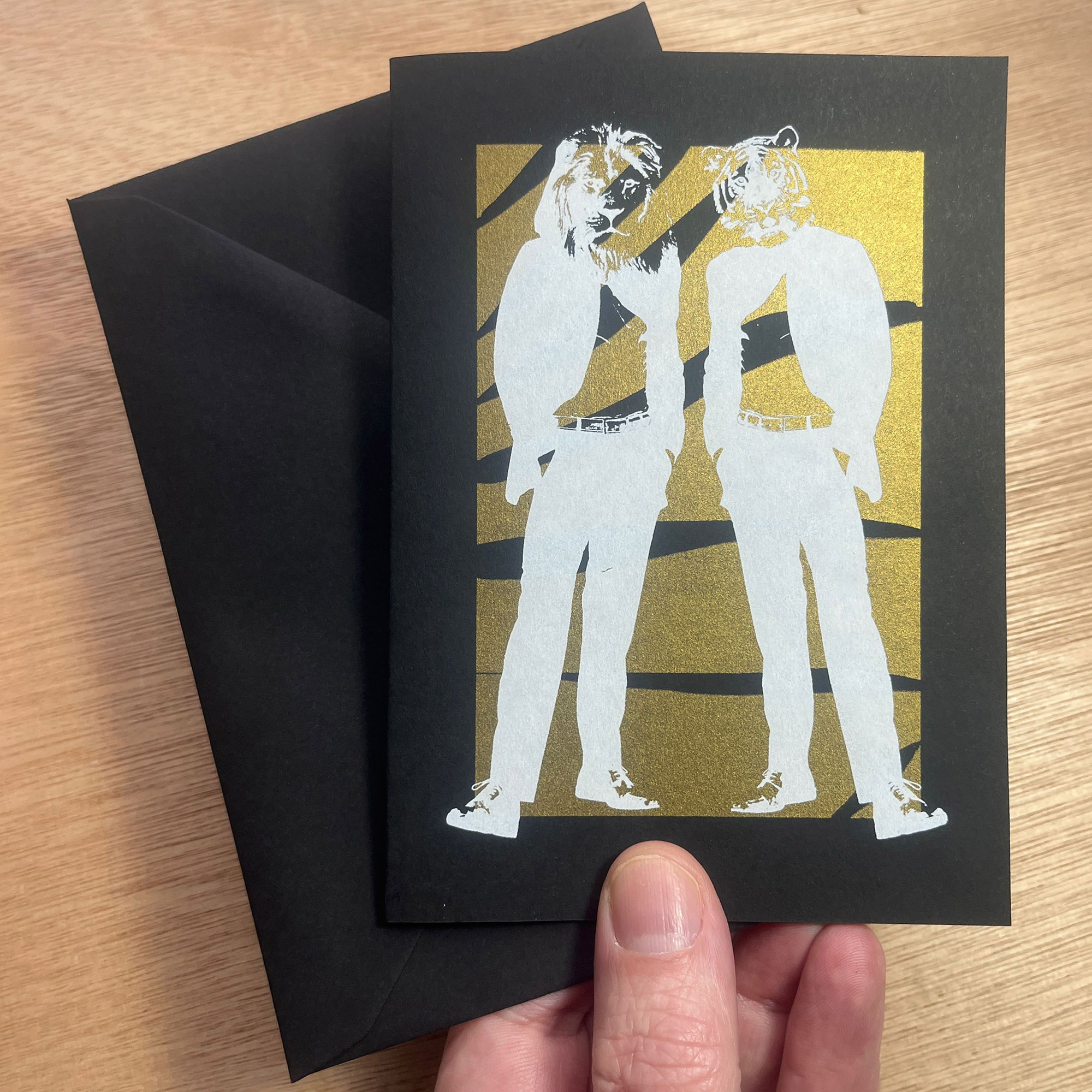 Lion and Tiger (Black) – Screen Printed Greetings Card - main image