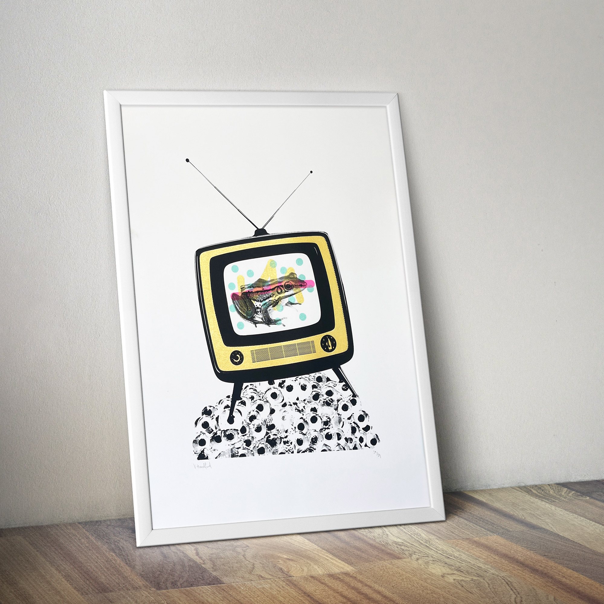 Froggy Vision - Screen Printed Poster - mock up in a frame