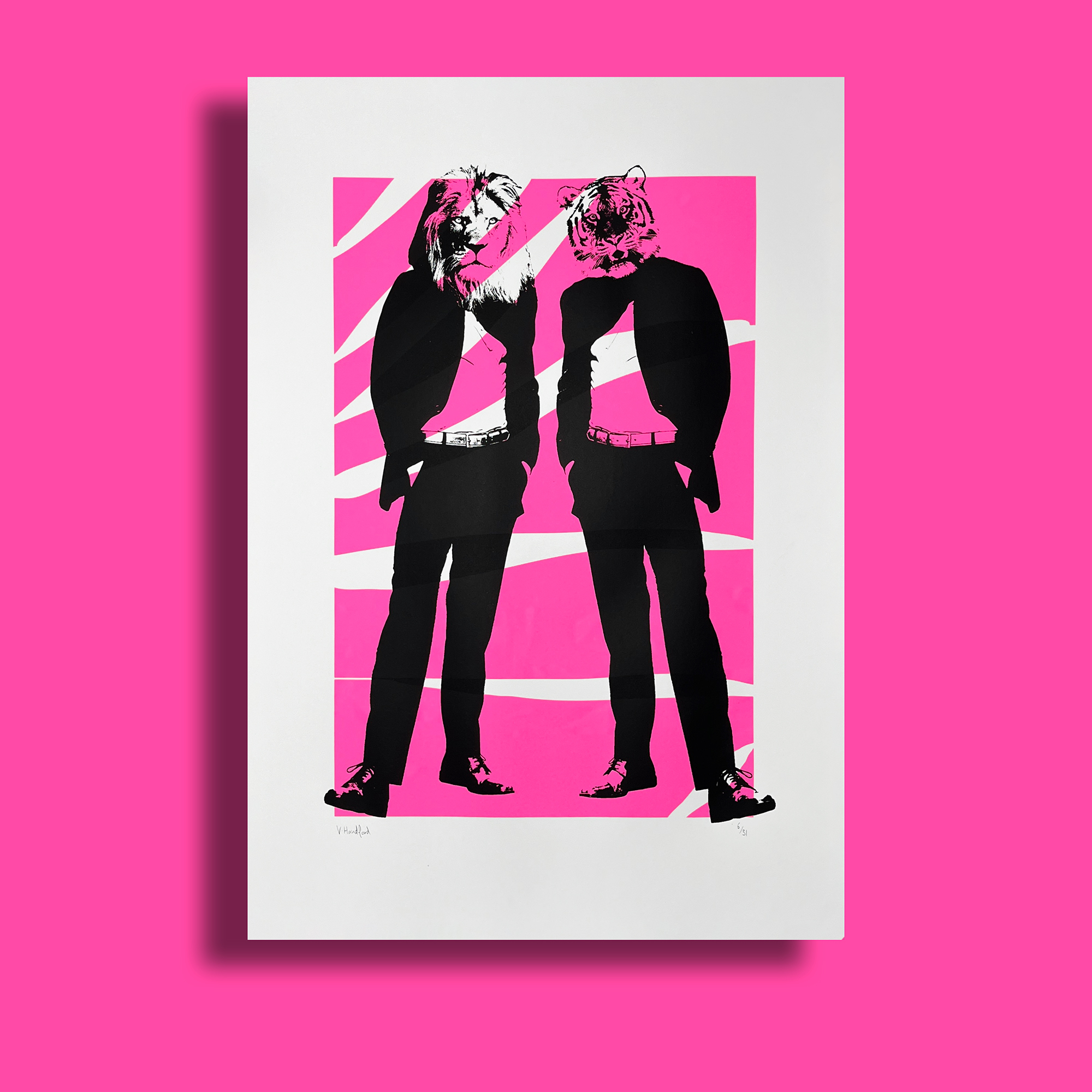 Disco Cats_Large Screen Printed Poster - against pink background