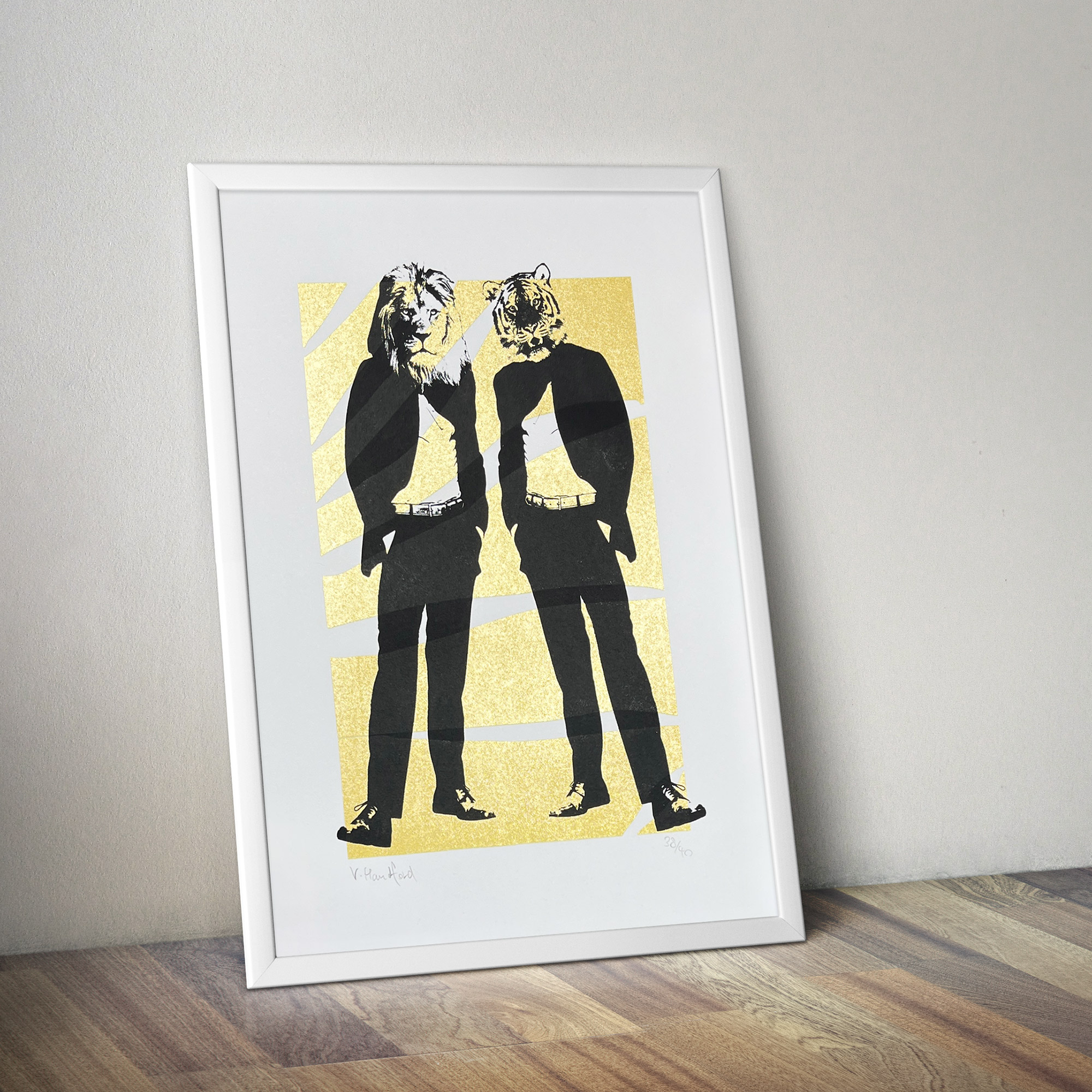 Golden Cats_Screen Printed Poster_Small - mock up in a frame