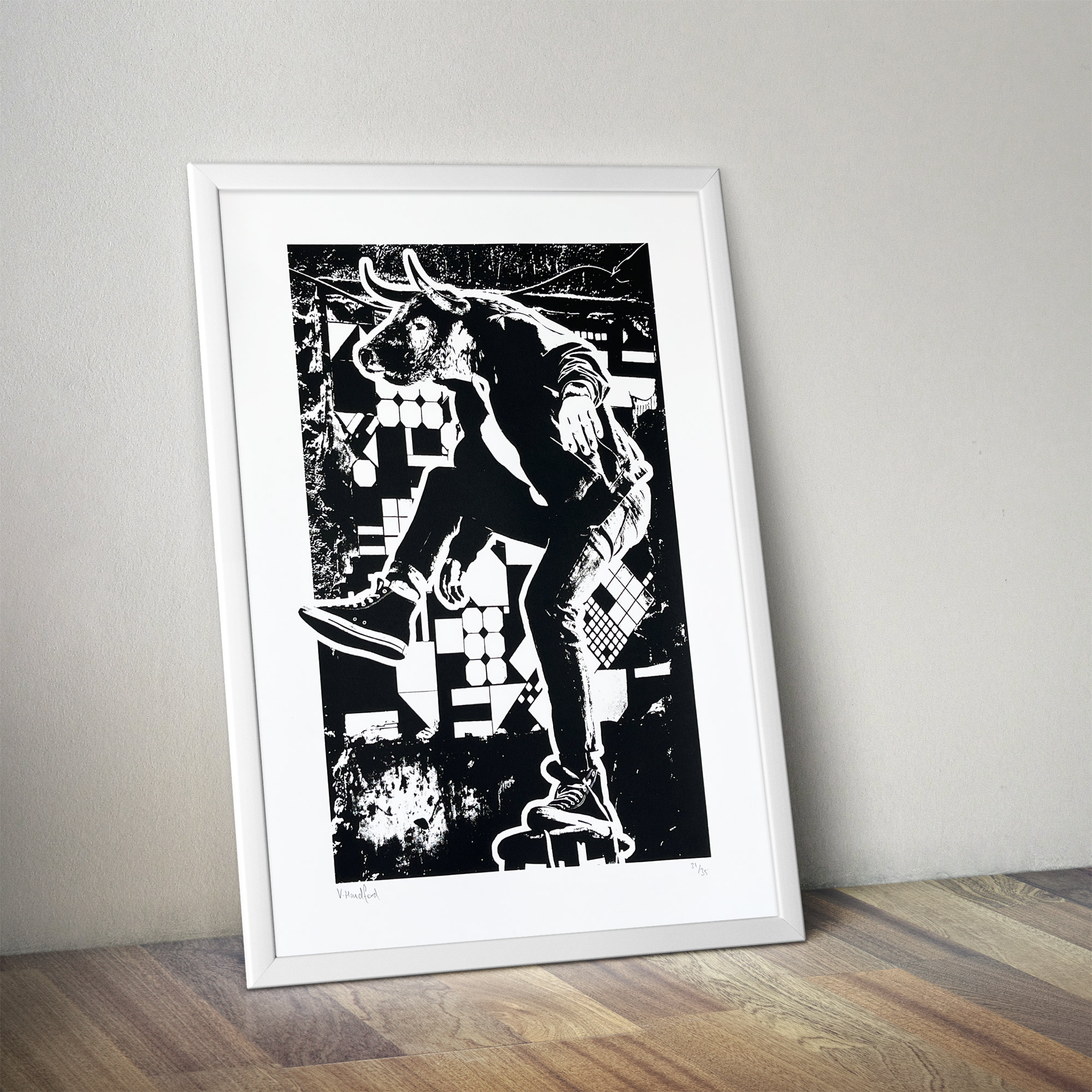 Minotaur Rock - Screen Printed Poster mock up in a frame