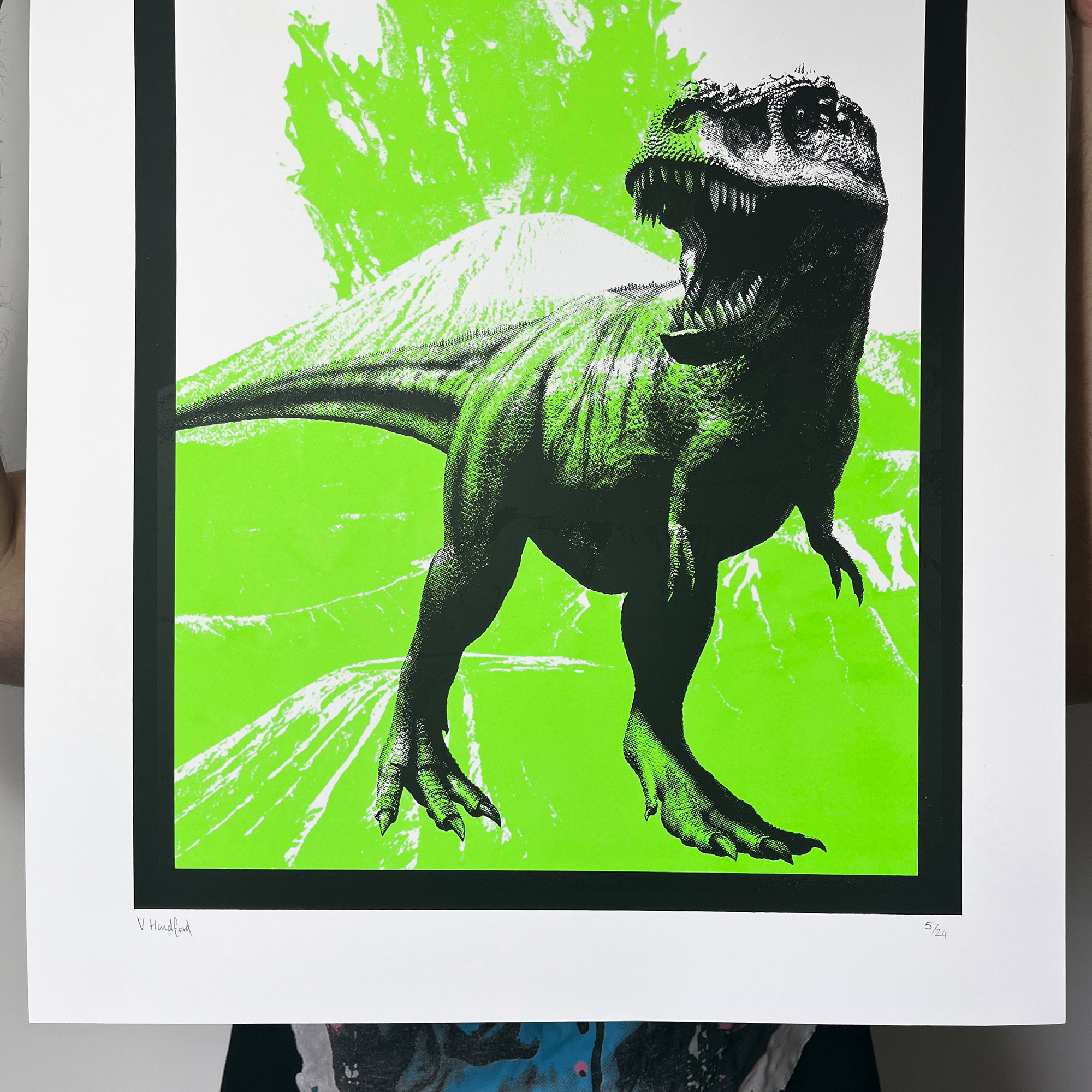 T Rex (Large Green) - Screen Printed Poster - detail shot - close up bottom