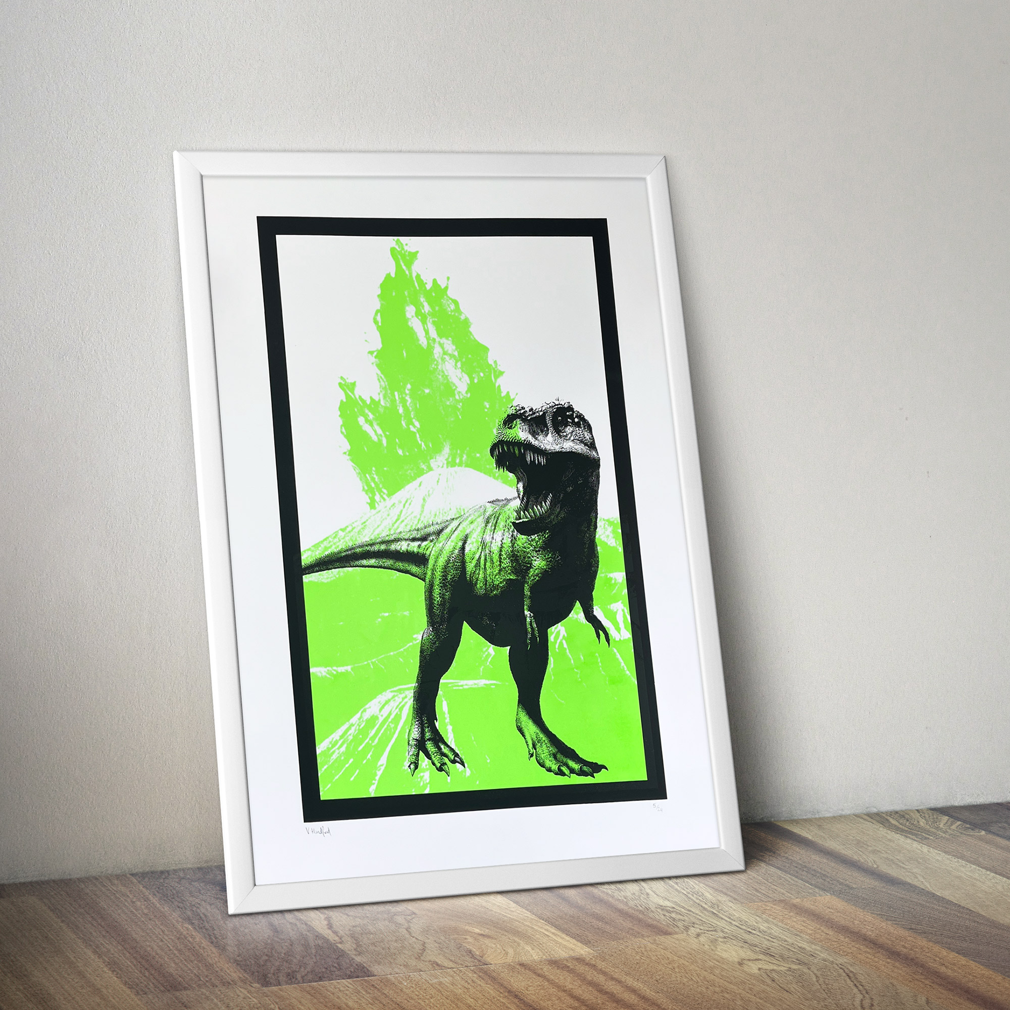 T Rex (Large Green) - Screen Printed Poster - mock up in a frame